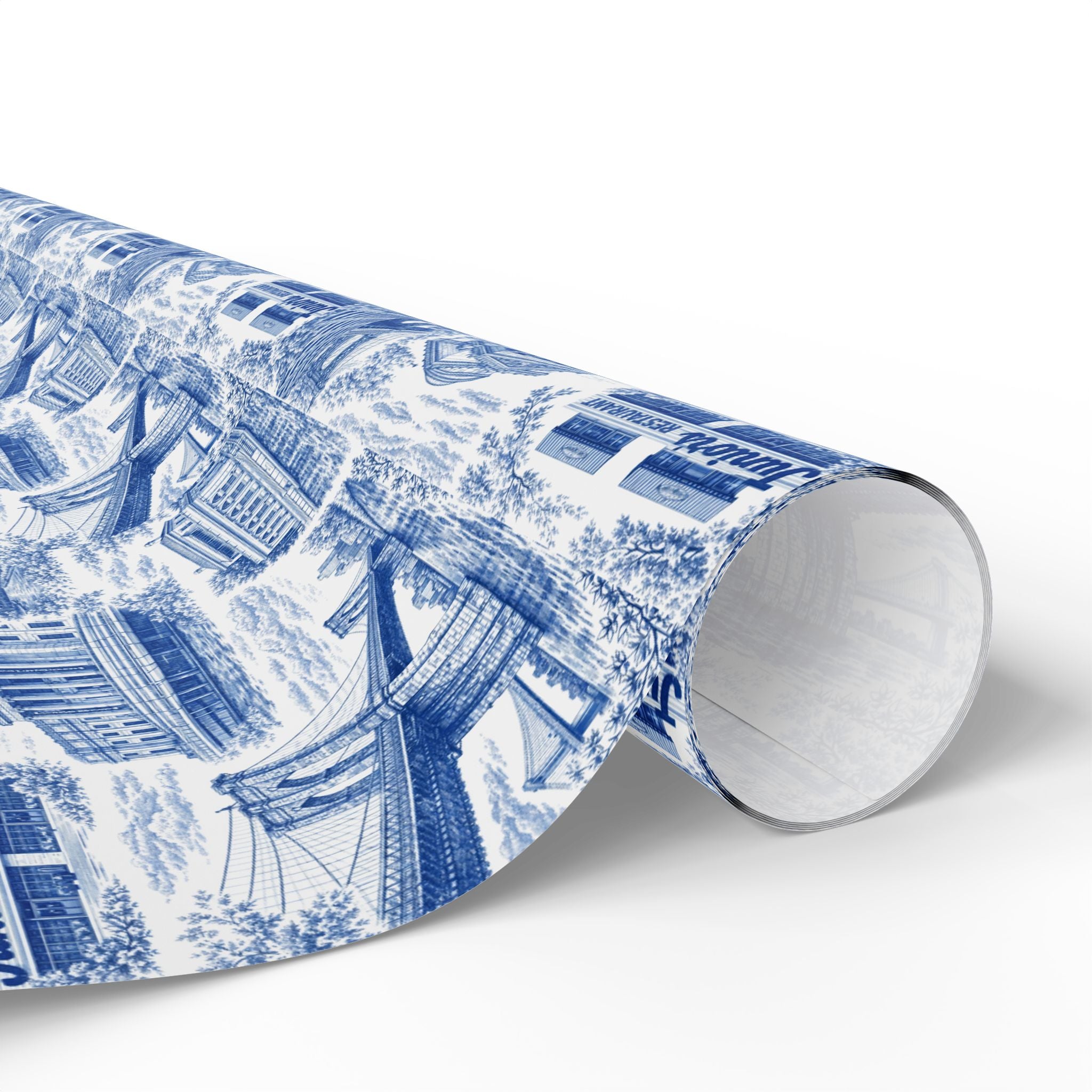 Brooklyn NYC Blue Toile Gift Wrapping Papers   Chinoiserie New York City Gift Wrap Brooklyn Bridge Prospect Park Junior's DUMBO Museum
