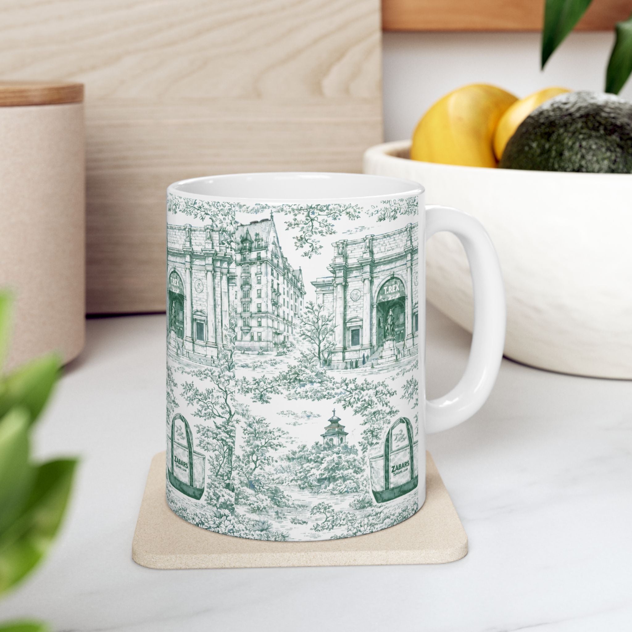 Upper West Side Green and White Toile Mug | New York Chinoiserie Ceramic Coffee Cup