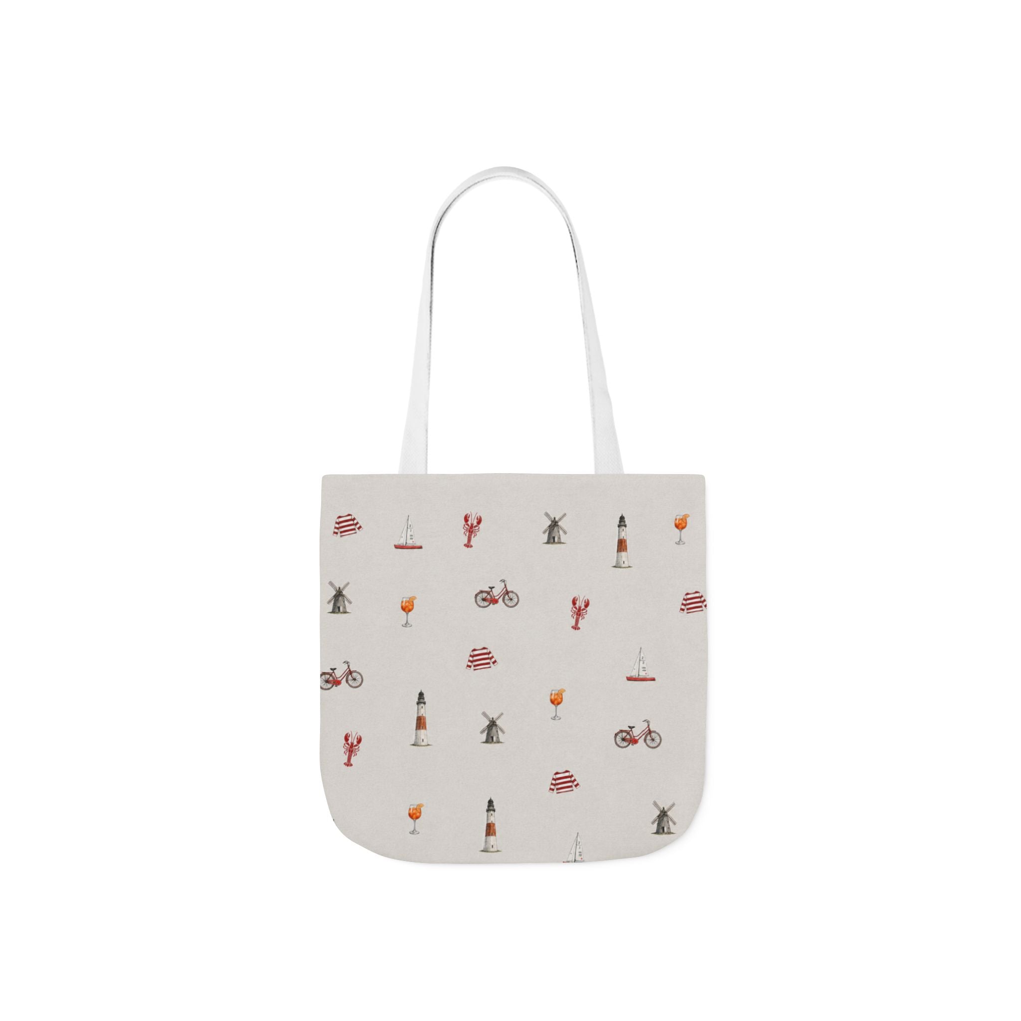 Icons of the Hamptons Heather Gray Canvas Tote — Lighthouse, Windmill, Lobster, Sailboat Icons