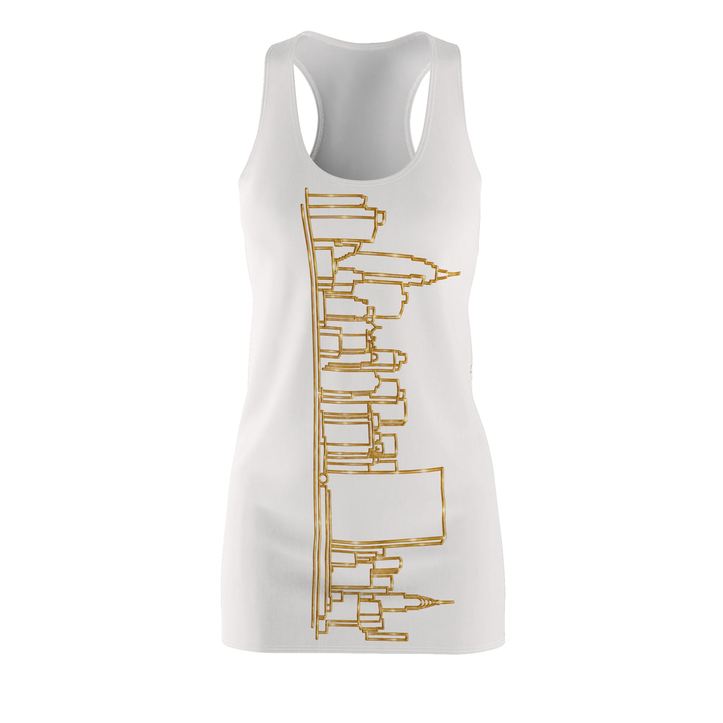 Manhattan Gold Skyline on White Racerback Dress — View from Queens and New Jersey Swim Cover