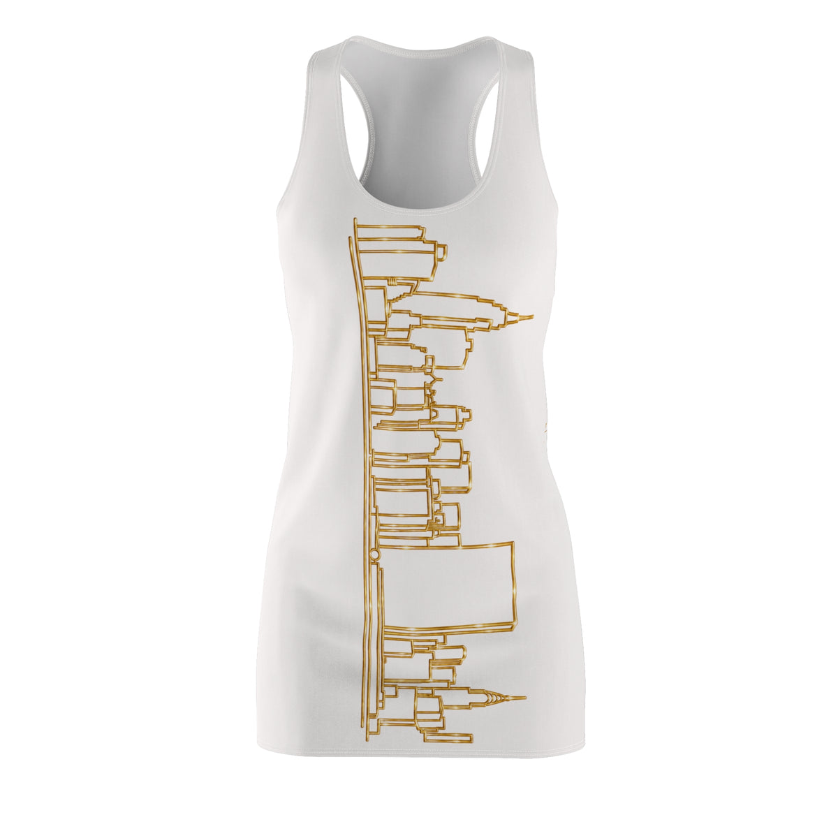 Manhattan Gold Skyline on White Racerback Dress — View from Queens and New Jersey Swim Cover