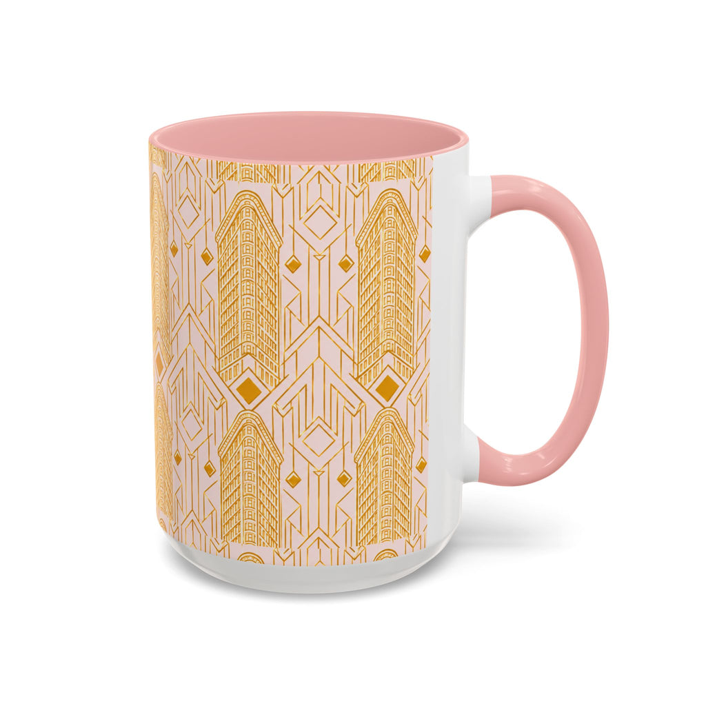 Art Deco Flatiron Building Pink & Gold Accent Coffee Mug — Manhattan Art Deco Pattern Mug 11 oz