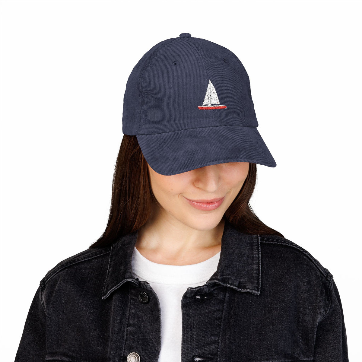 Central Park Model Sailboat Embroidered Corduroy Cap — Navy Trucker Hat