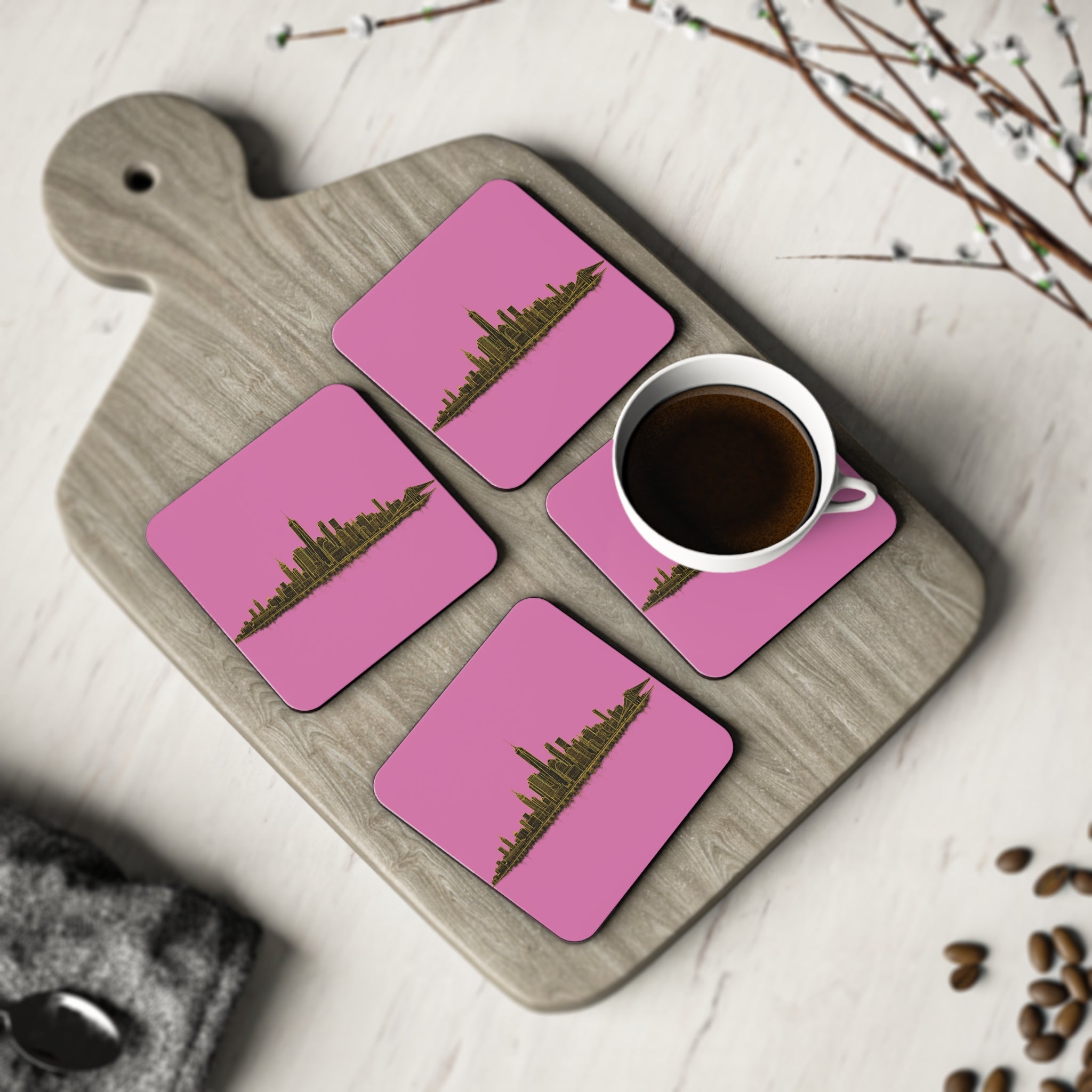 Posavasos del horizonte del centro de Manhattan | Juego de 4 posavasos de corcho con el horizonte Art Decó de Nueva York