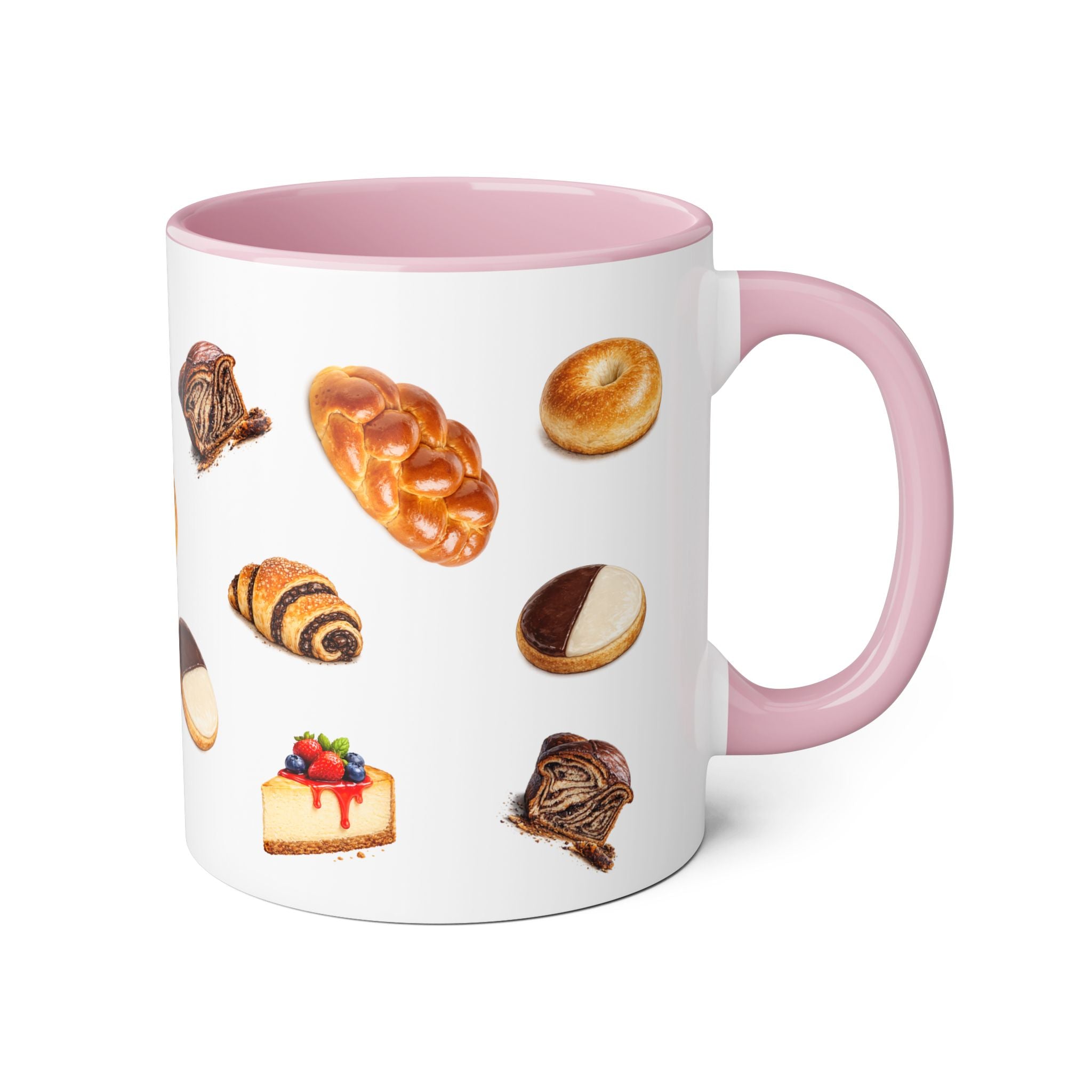 NYC Kosher Bakery Pattern Mug | Babka Cheesecake Rugelach Black + White Cookie Challah Bagel 11oz Ceramic Coffee Cup