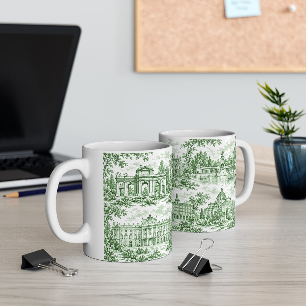 Madrid Green Toile de Jouy Ceramic Mug — (11oz; Ships from Europe)