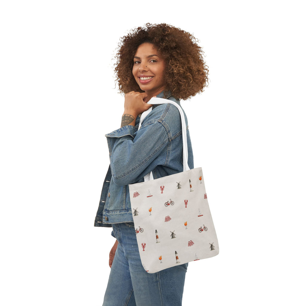 Icons of the Hamptons Heather Gray Canvas Tote — Lighthouse, Windmill, Lobster, Sailboat Icons
