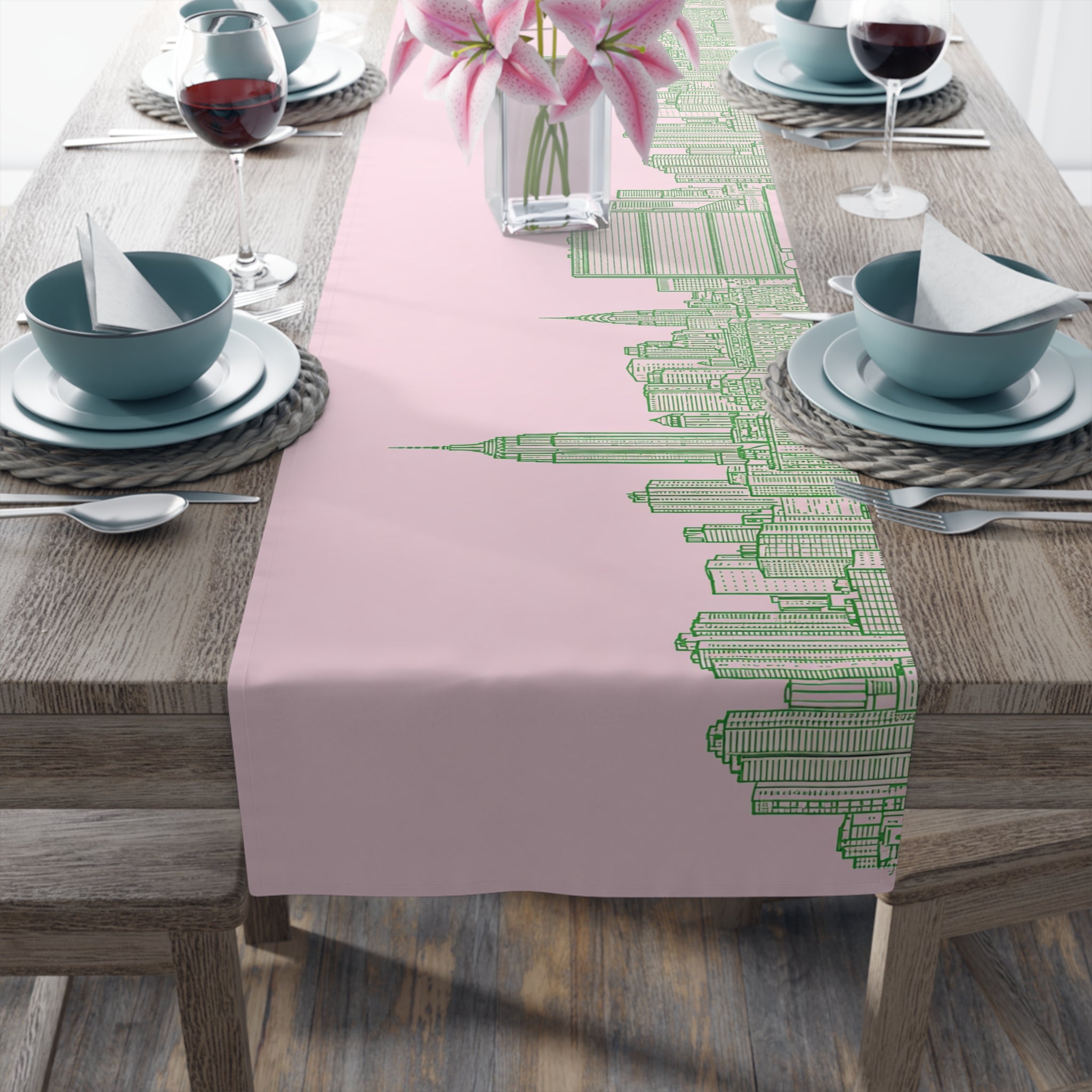 Pink & Green New York City Skyline Table Runner — NYC Manhattan Skyline Dining Table Decor