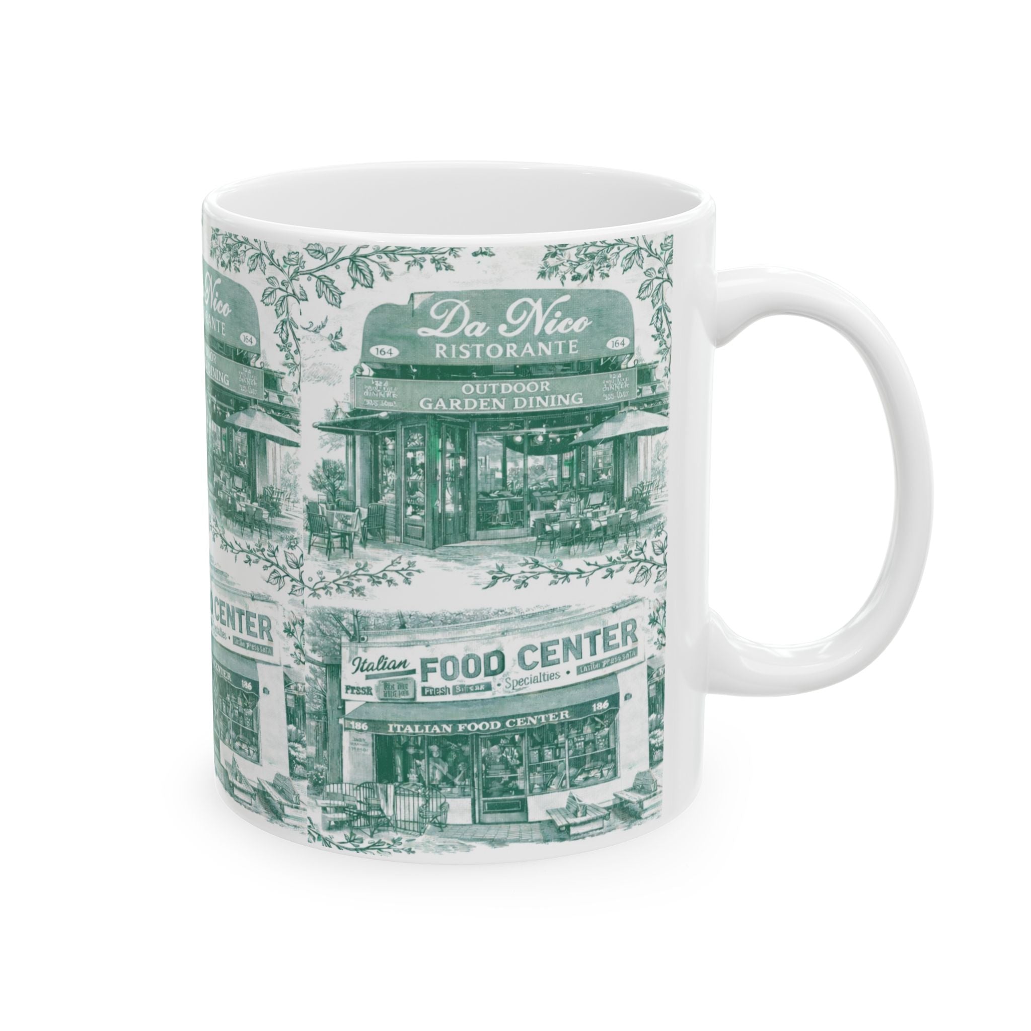 Little Italy Green and White Toile Cityscape Mug | NYC Chinoiserie Ceramic Coffee Cup