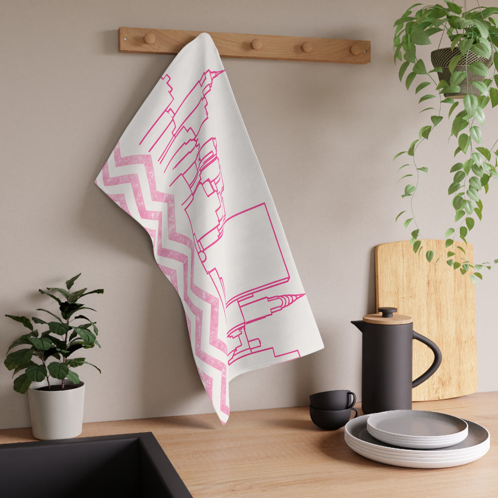 NYC Manhattan Skyline Pink Chevron Tea Towel — Minimal Pink & White New York City Skyline Kitchen Linen