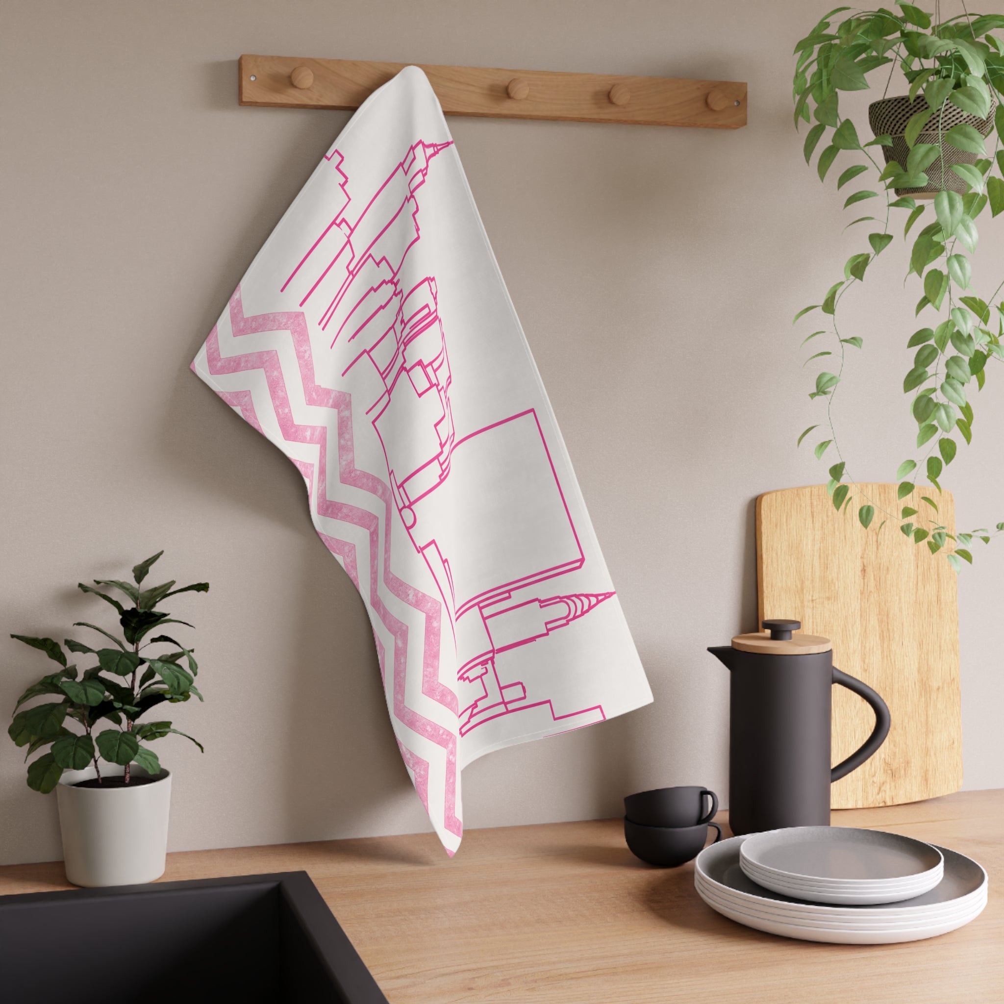 NYC Manhattan Skyline Pink Chevron Tea Towel — Minimal Pink & White New York City Skyline Kitchen Linen