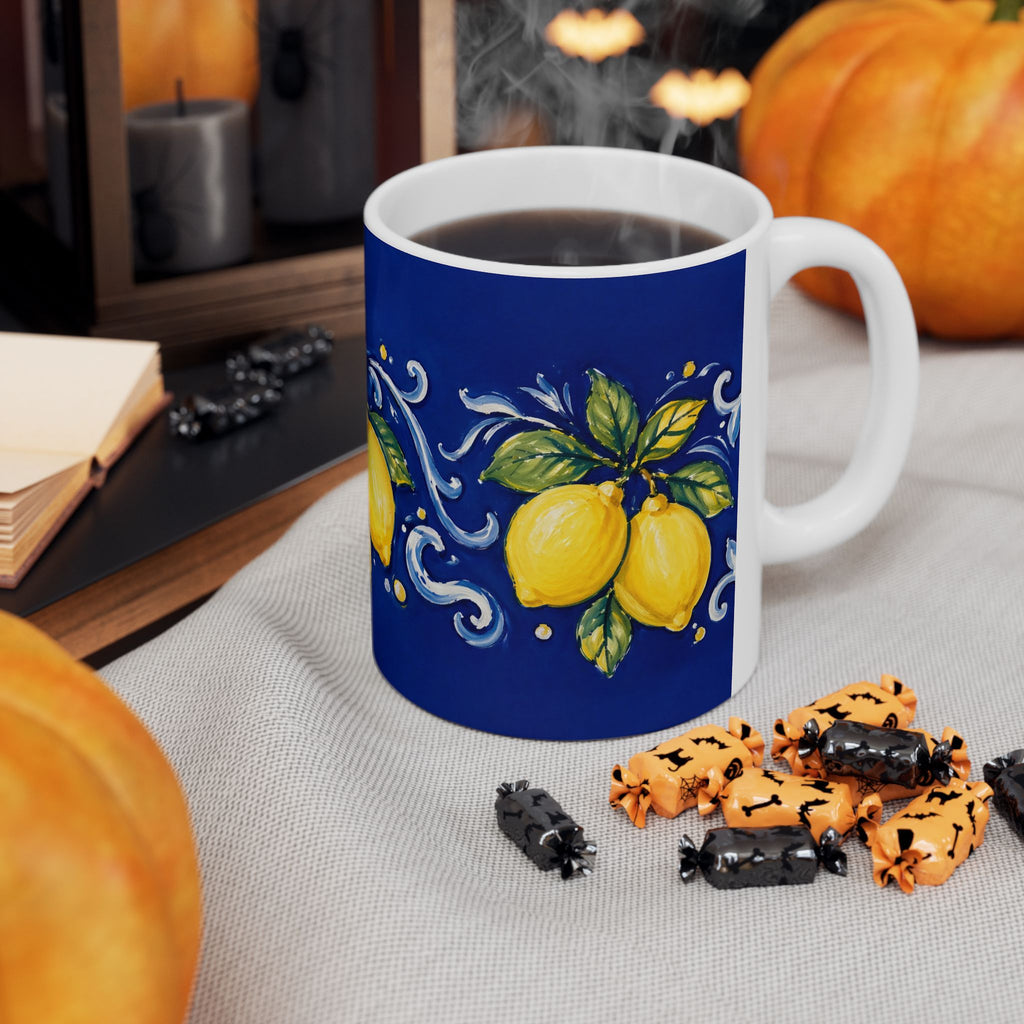 Little Italy Amalfi Blue with Lemon Mug — Italian Mediterranean Pattern Coffee Cup (11oz)