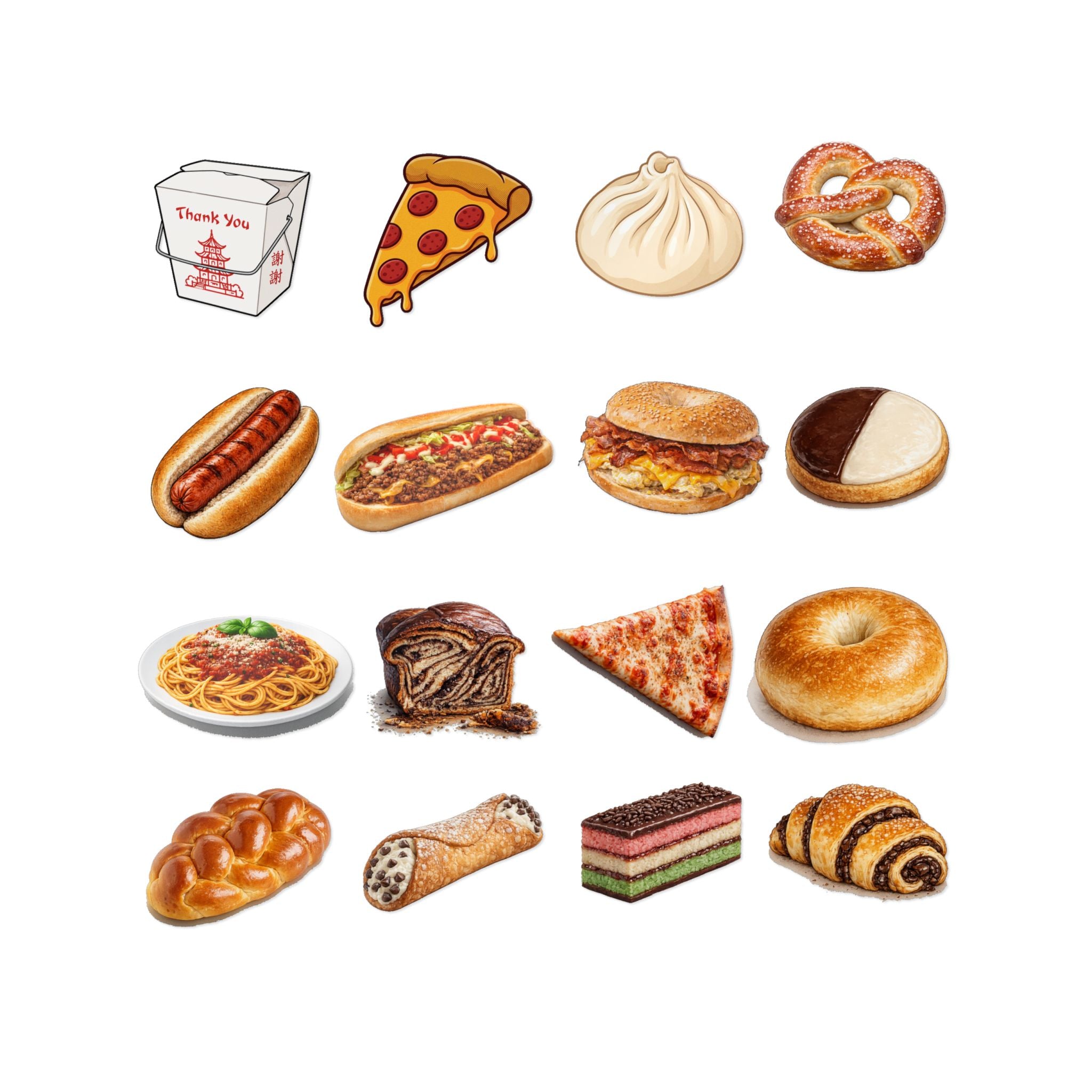 Hoja de calcomanías de alimentos caricaturescos de la ciudad de Nueva York — Calcomanías de influencer de comida de pizza, bagel, dumplings de la ciudad de Nueva York