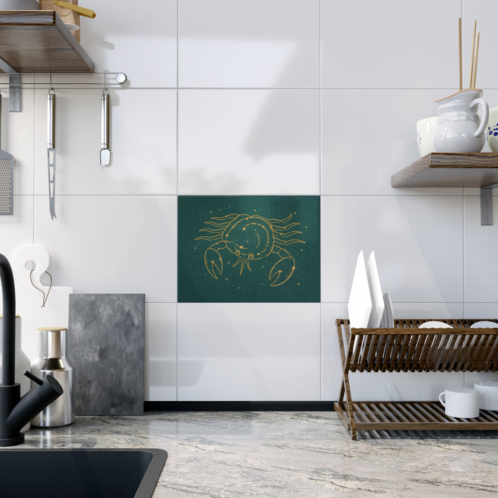 Grand Central Station-inspired Gold Cancer Zodiac Crab on Teal Bath Tile (Astrology Home Décor)