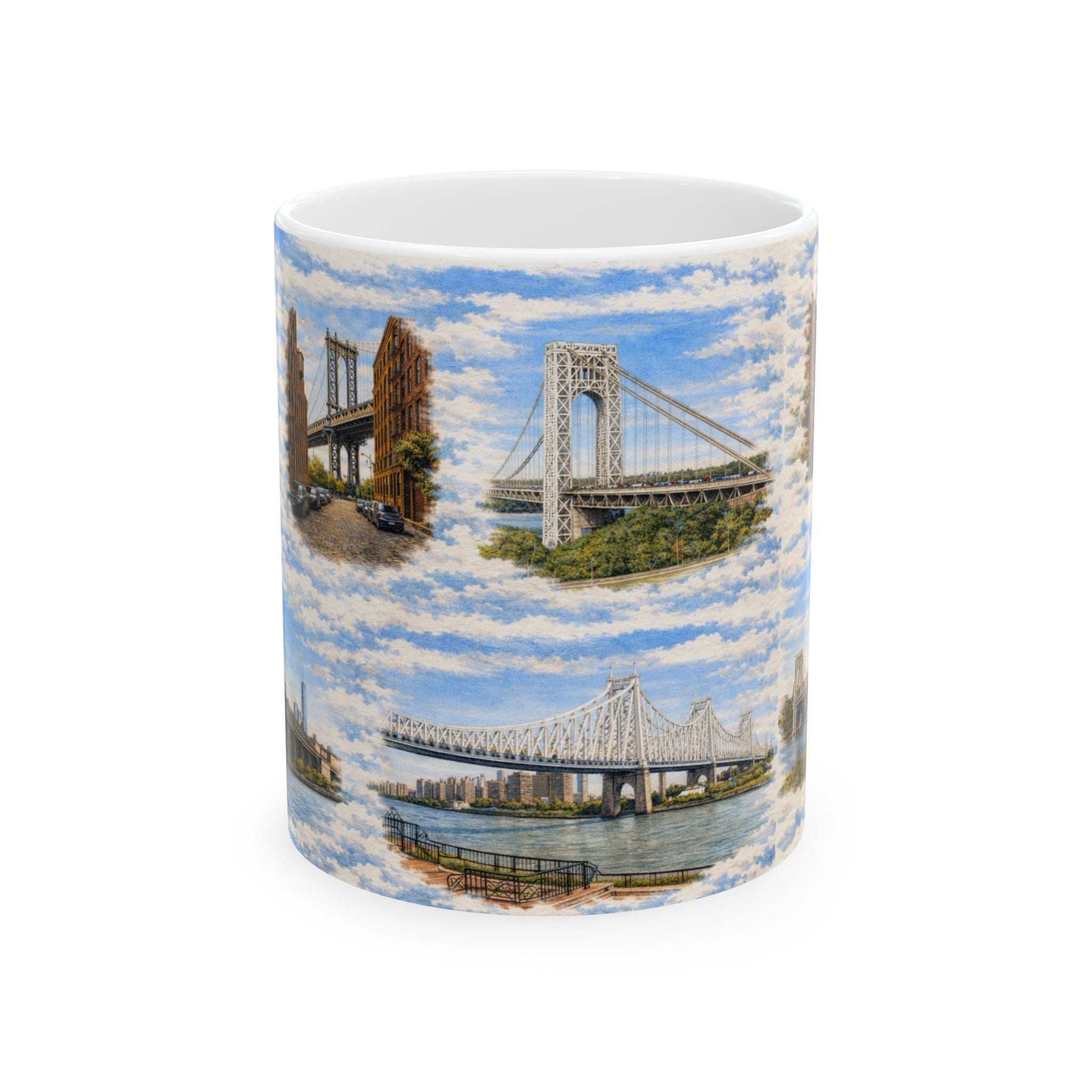 The Bridges of New York County Toile Mug | NYC Bridges Ceramic Coffee Mug