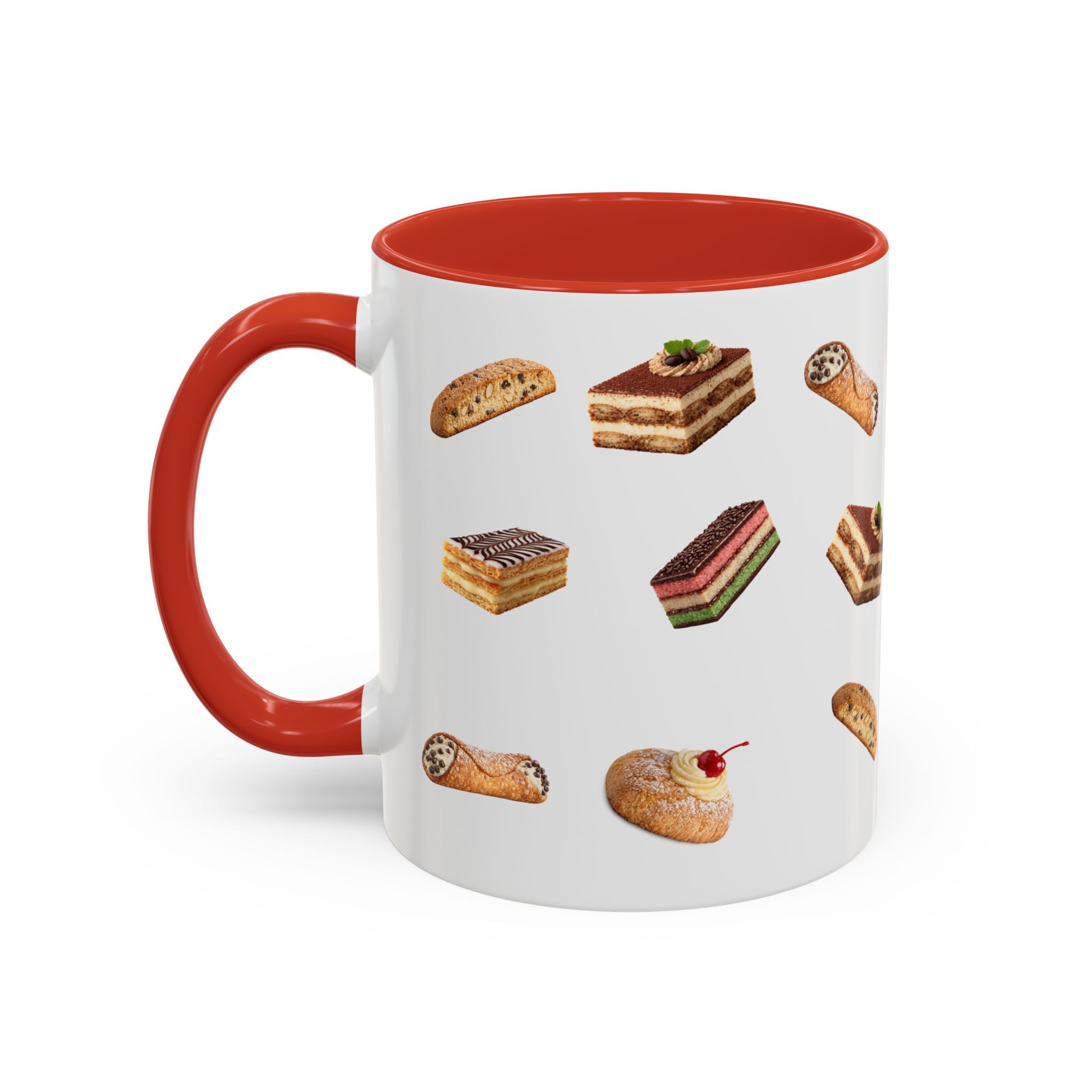 NYC Italian Bakery Pattern Accent Mug | Cannoli Rainbow Cookie Zeppoli Tiramisu Biscotti Napoleon 11oz Ceramic Coffee Cup