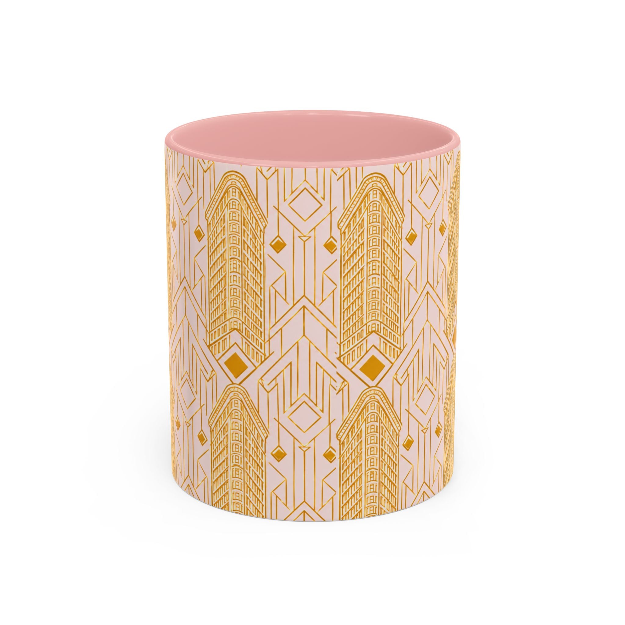 Art Deco Flatiron Building Pink & Gold Accent Coffee Mug — Manhattan Art Deco Pattern Mug 11 oz