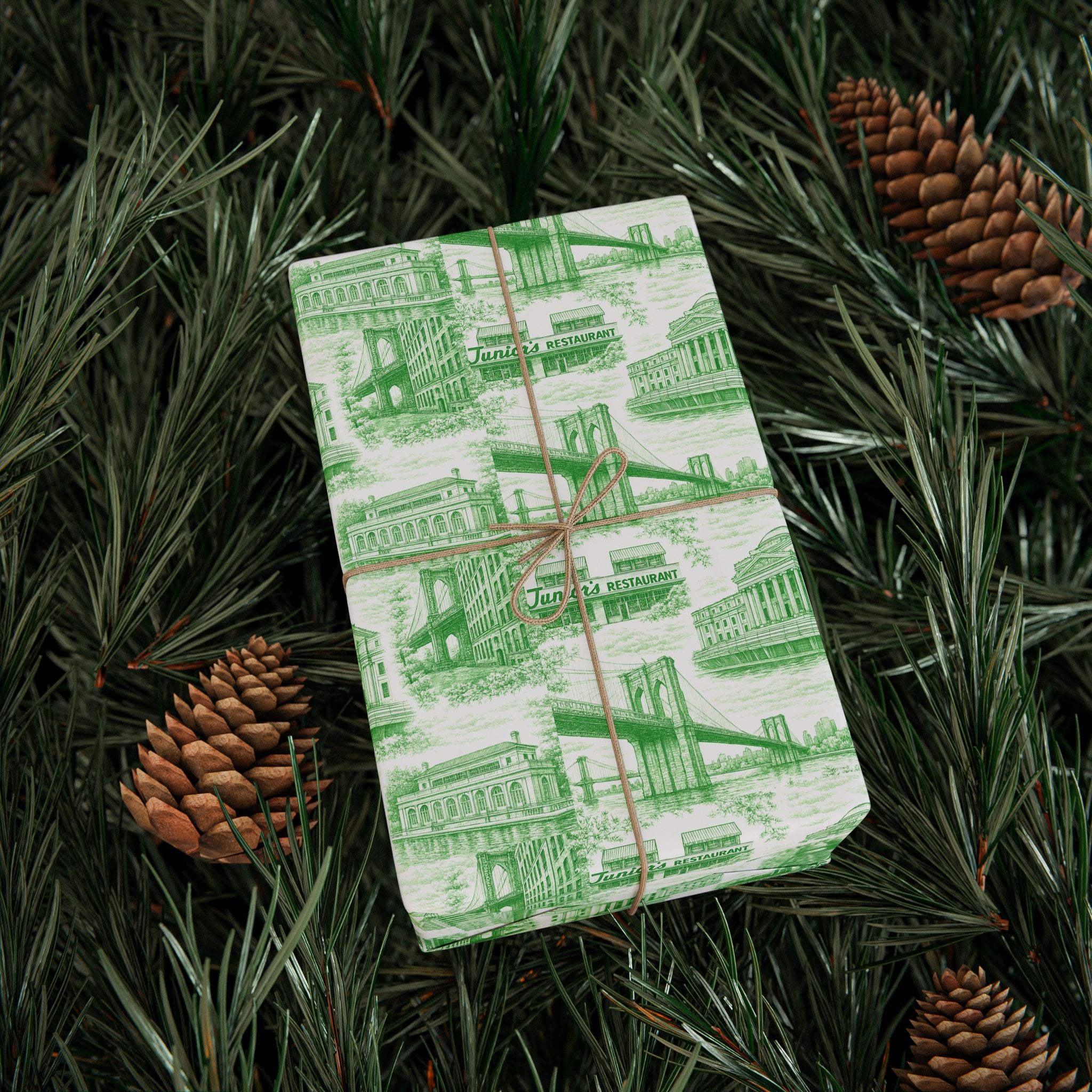 Brooklyn NYC Green Toile Gift Wrapping Papers   Chinoiserie New York City Gift Wrap Brooklyn Bridge Prospect Park Junior's DUMBO Museum