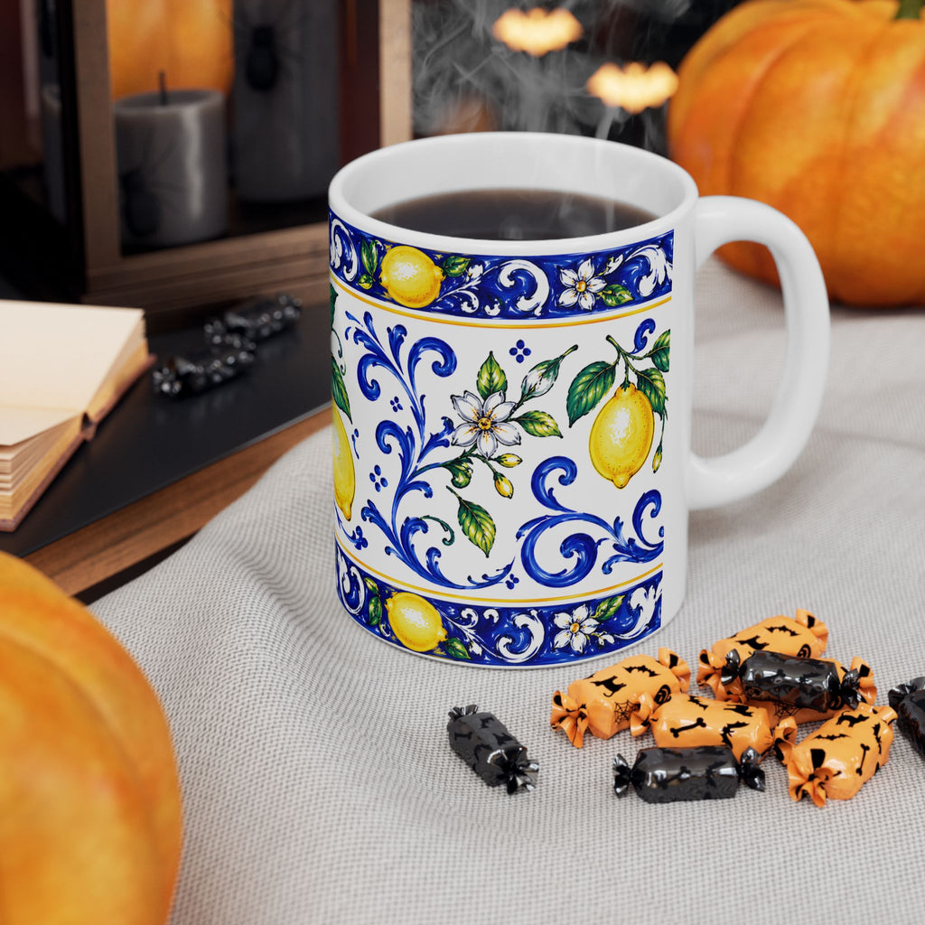 Little Italy Amalfi Blue and White with Lemon Mug — Italian Mediterranean Pattern Coffee Cup (11oz)