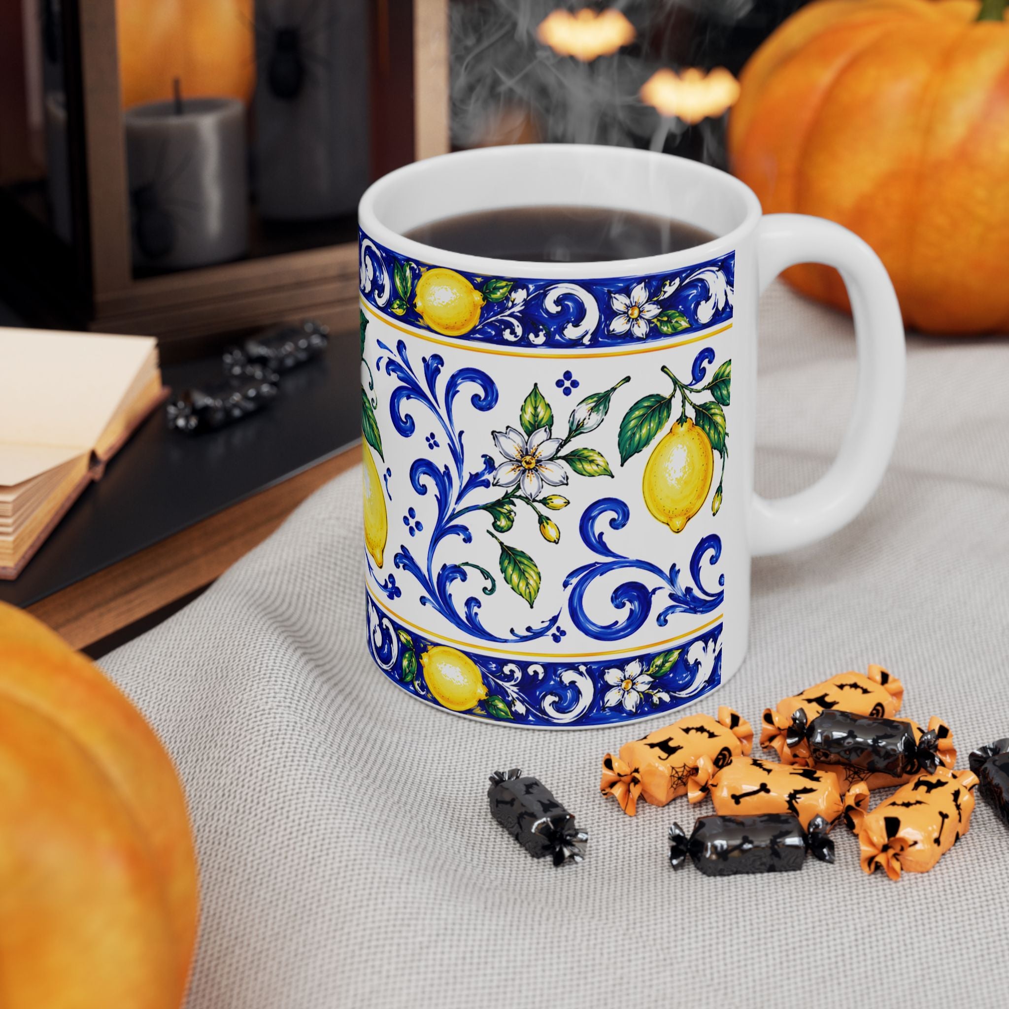 Little Italy Amalfi Blue and White with Lemon Mug — Italian Mediterranean Pattern Coffee Cup (11oz)