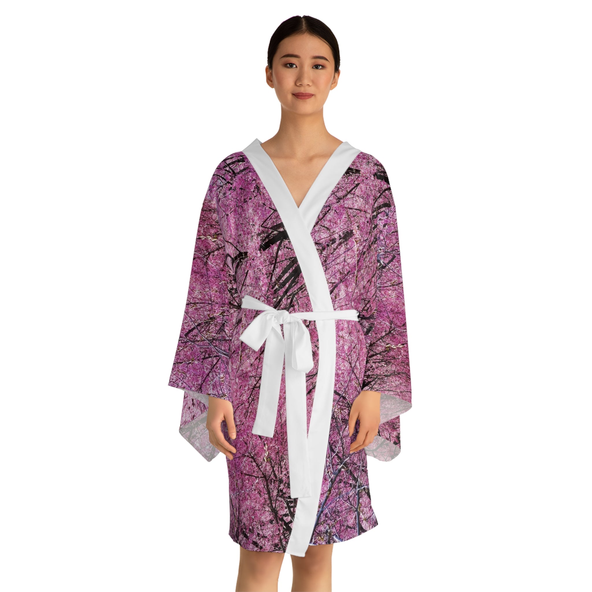 Flushing Queens Cherry Blossom Kimono Robe — Pink Sakura Long Sleeve House Robe