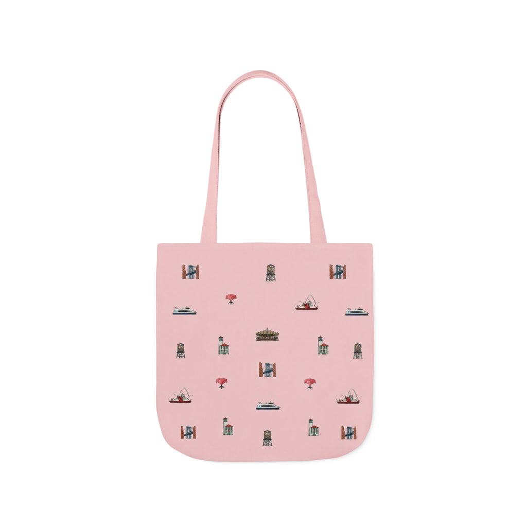 Icons of DUMBO Pink Canvas Tote Bag — Illustrated Brooklyn Landmarks Pattern