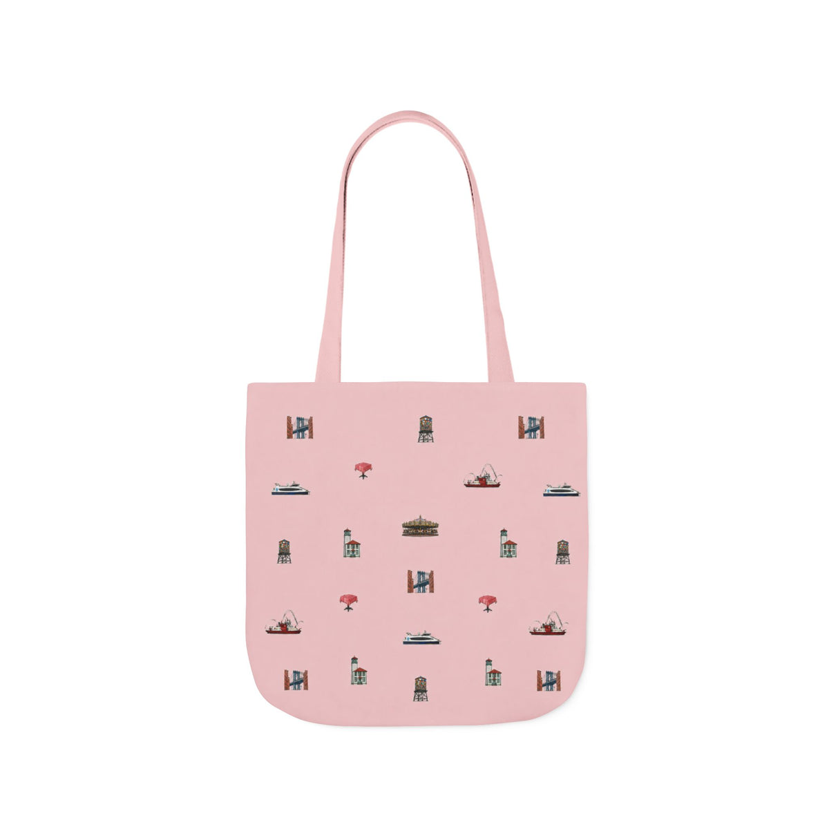 Icons of DUMBO Pink Canvas Tote Bag — Illustrated Brooklyn Landmarks Pattern