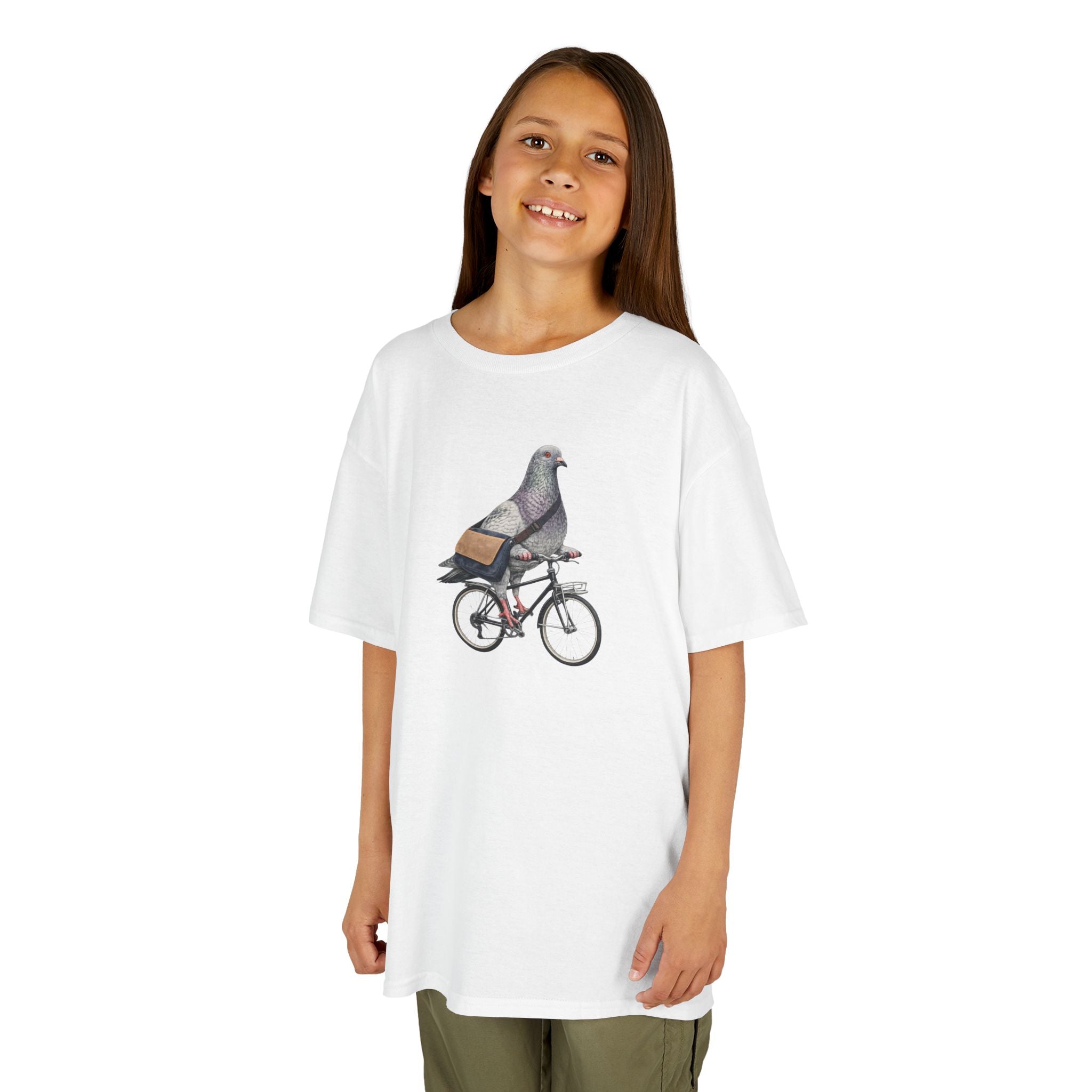 Customizable Midtown NYC Pigeon Bike Rider Kid Tee —  Cute Bird Bike Rider T-Shirt for Children