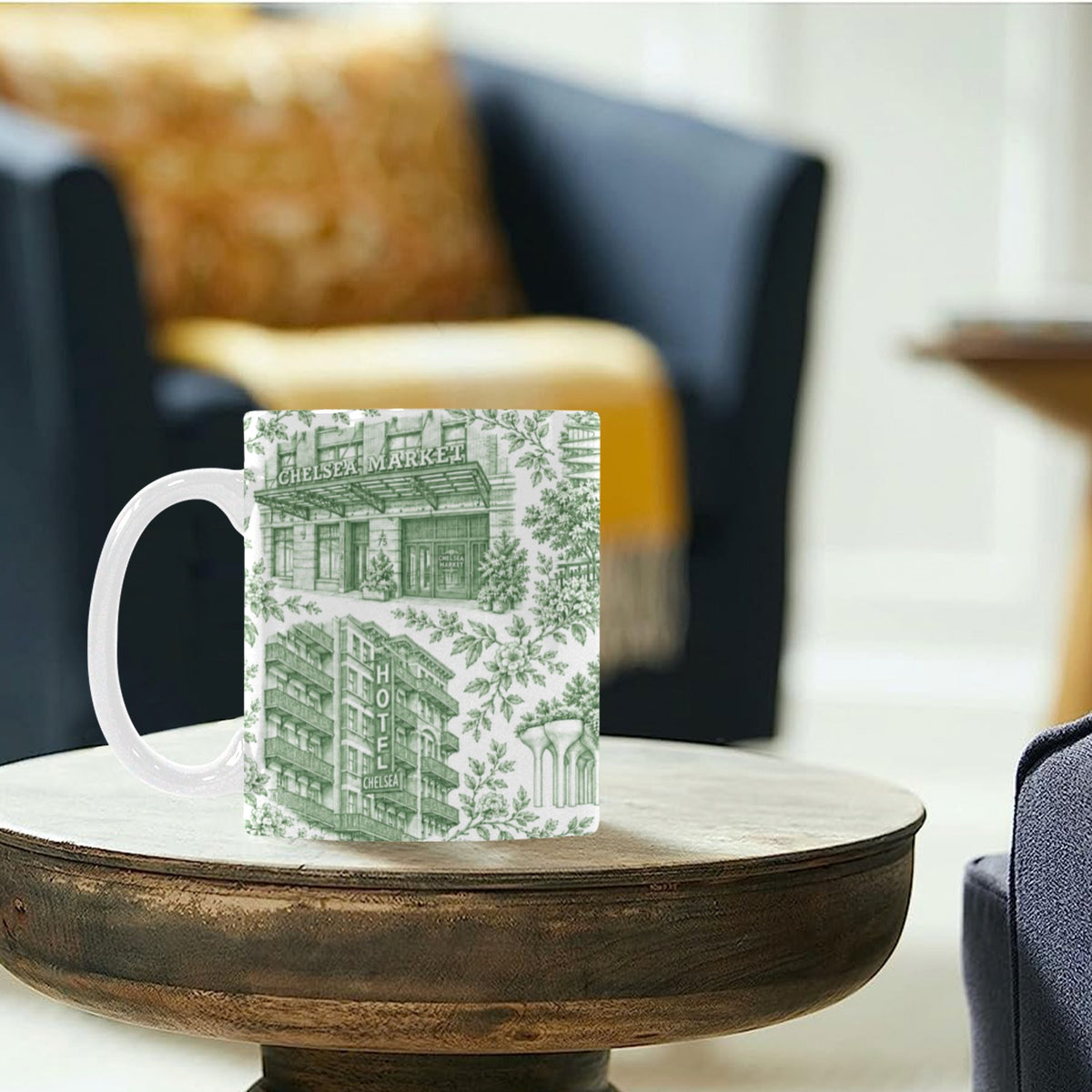 Chelsea Green Toile De Jouy Mug | Manhattan Chinoiserie Coffee Cup Custom White Mug (11oz)