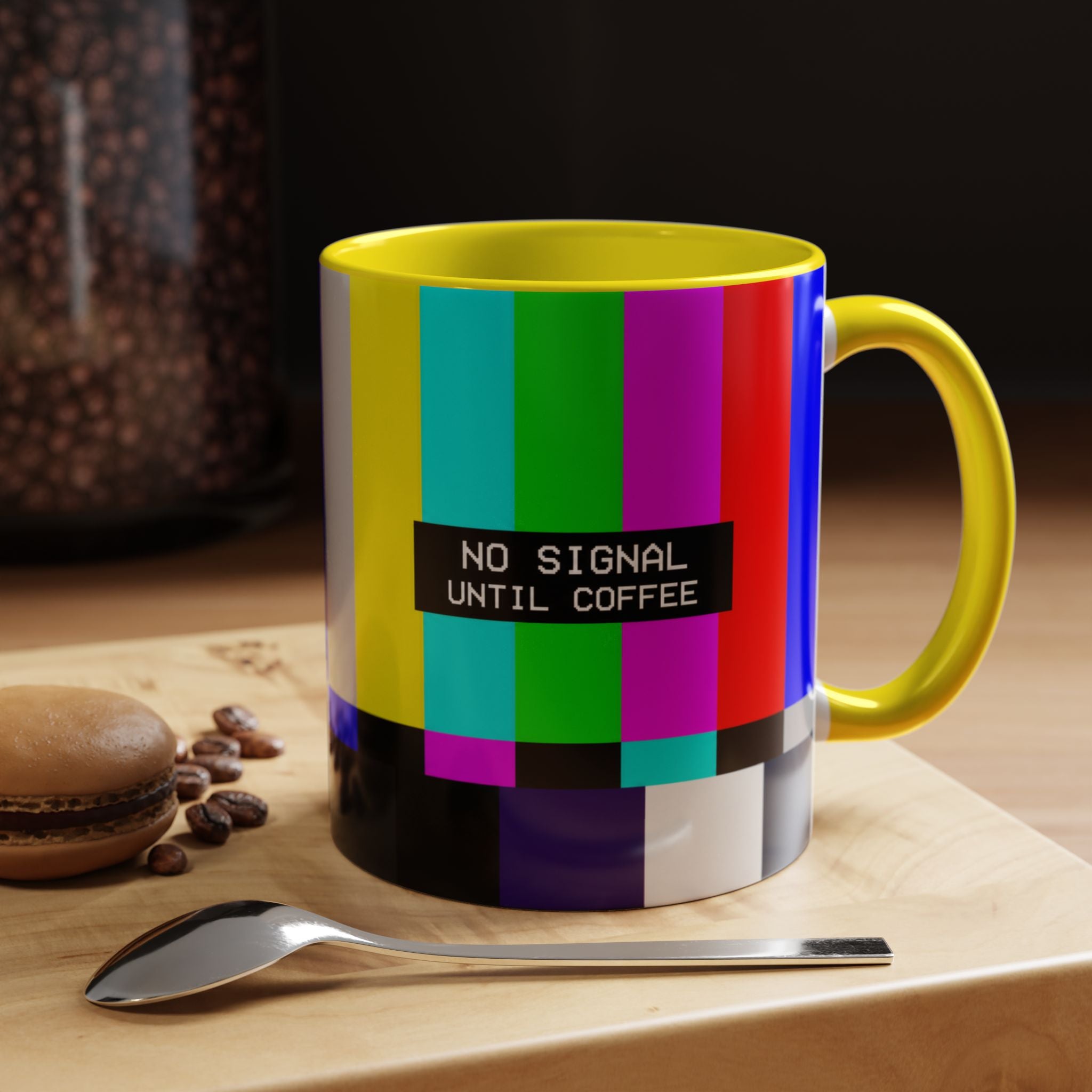 "No Signal Until Coffee" Accent Mug —  TV Rainbow Test Pattern Coffee Mug