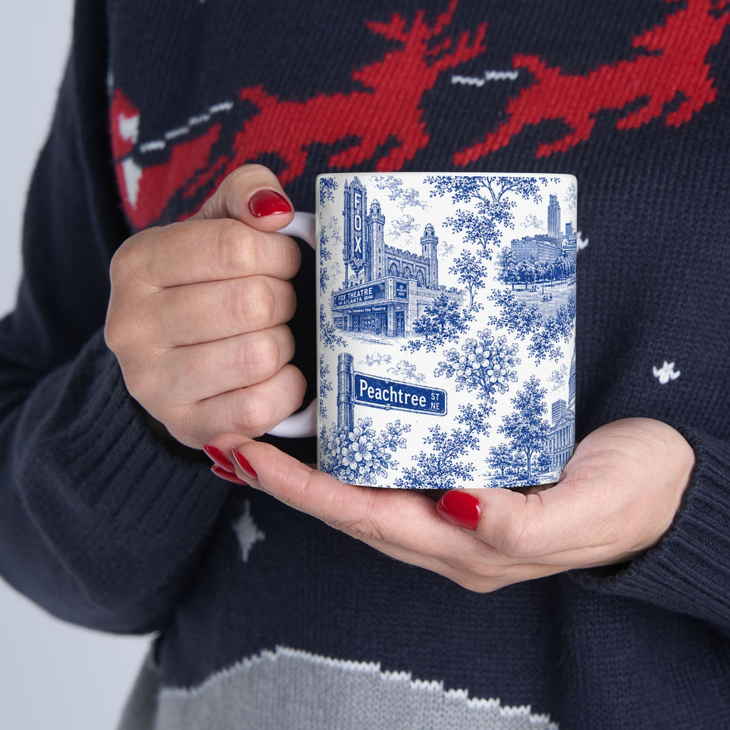 Atlanta Blue Toile de Jouy Ceramic Mug — Atlanta, Georgia Skyline & Capitol Illustration (11oz)