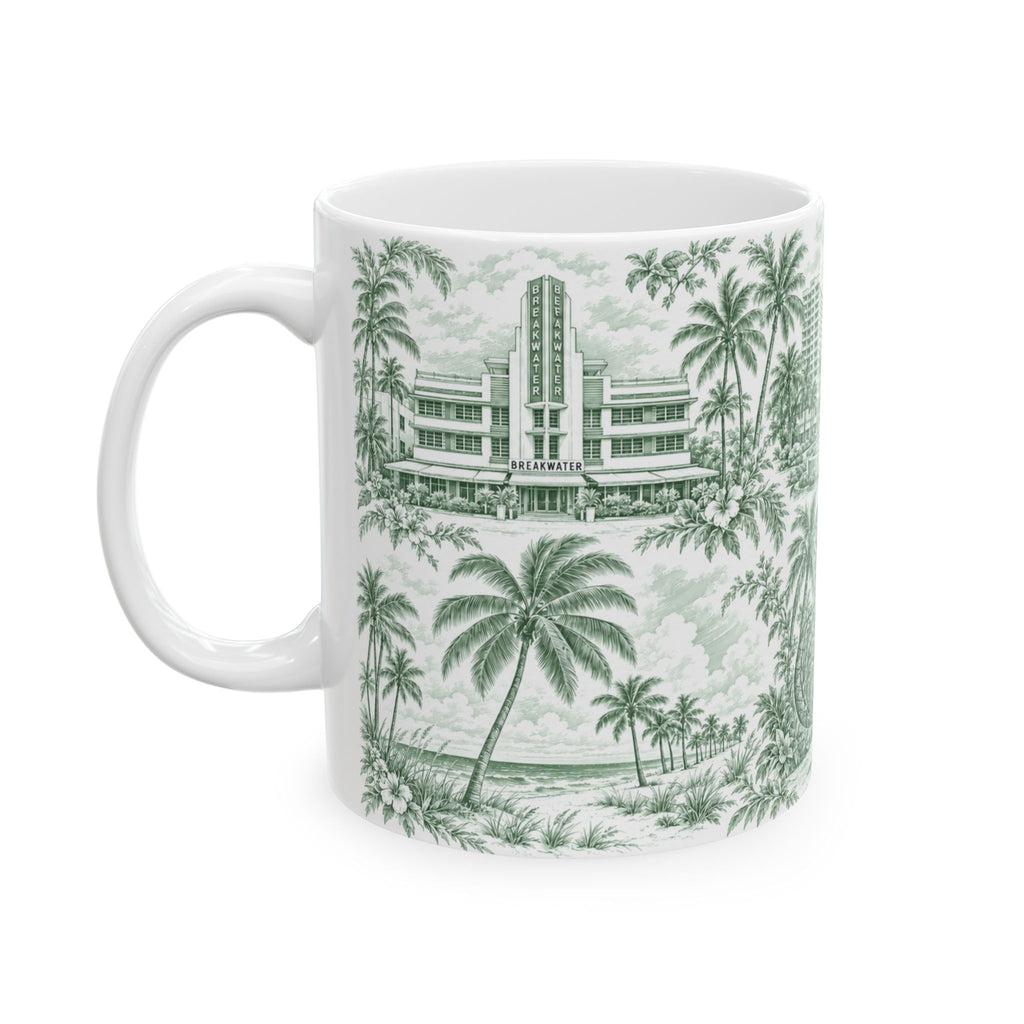 Miami Green Toile de Jouy Ceramic Mug — Vintage Palm Florida Chinoiserie 11oz