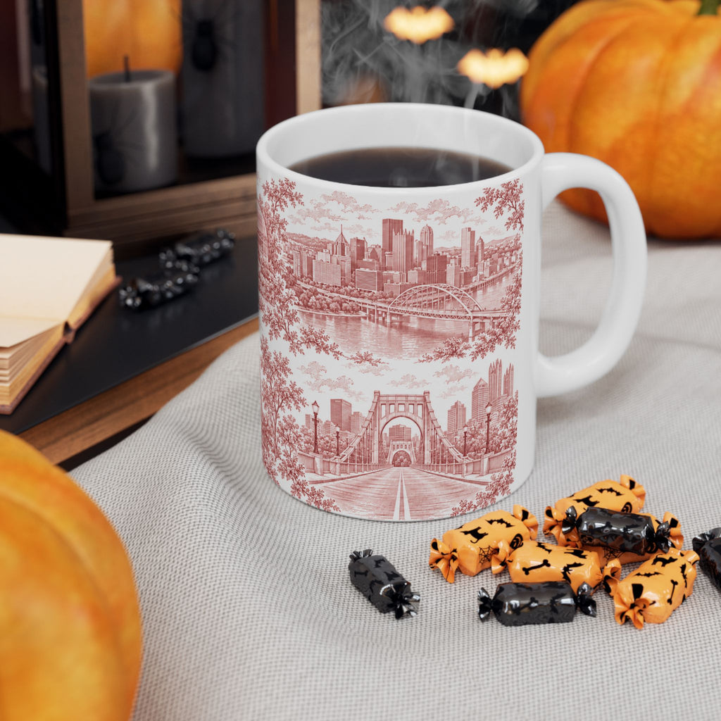Pittsburgh Red Toile de Jouy Ceramic Mug — Pennsylavania Chinoiserie 11oz