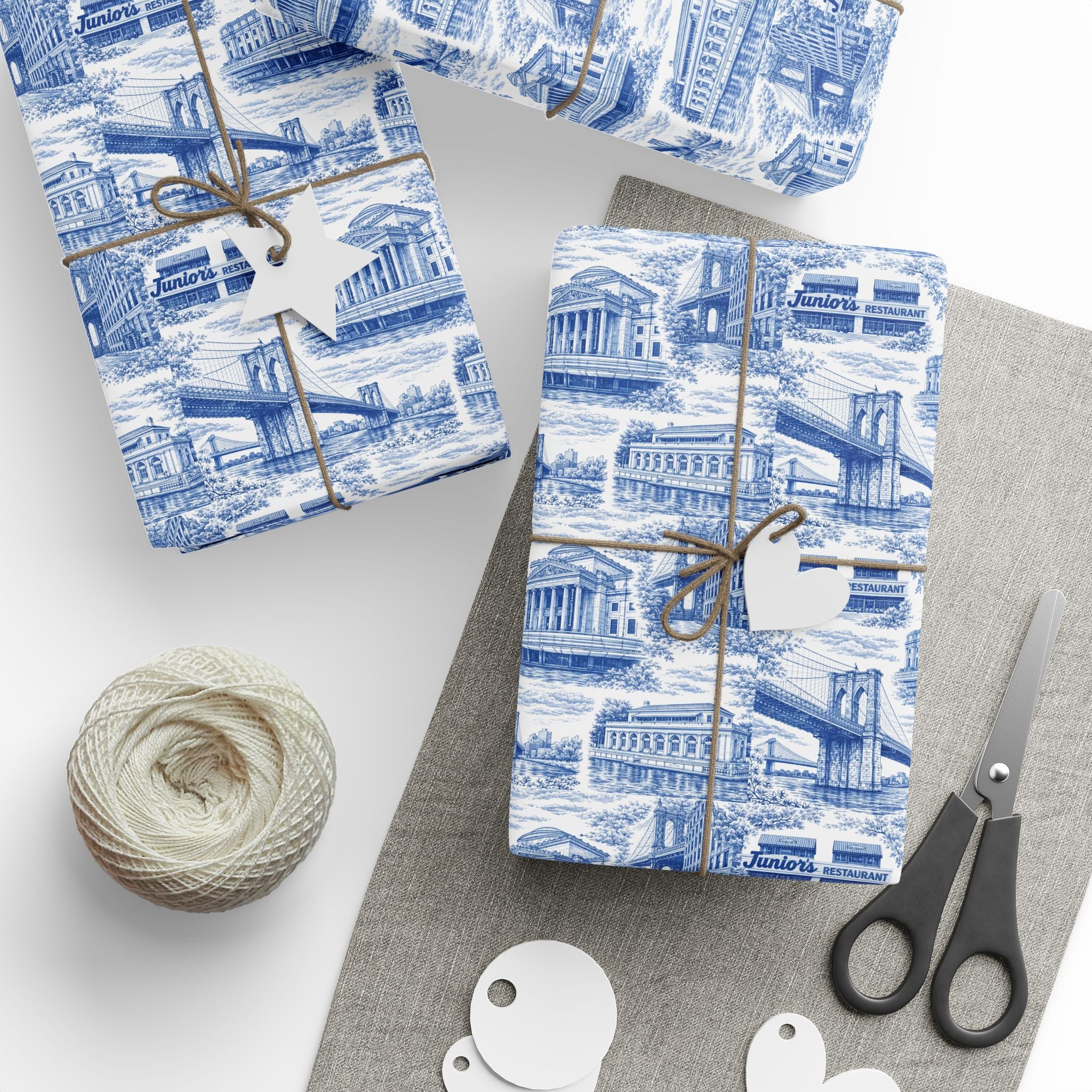 Brooklyn NYC Blue Toile Gift Wrapping Papers   Chinoiserie New York City Gift Wrap Brooklyn Bridge Prospect Park Junior's DUMBO Museum
