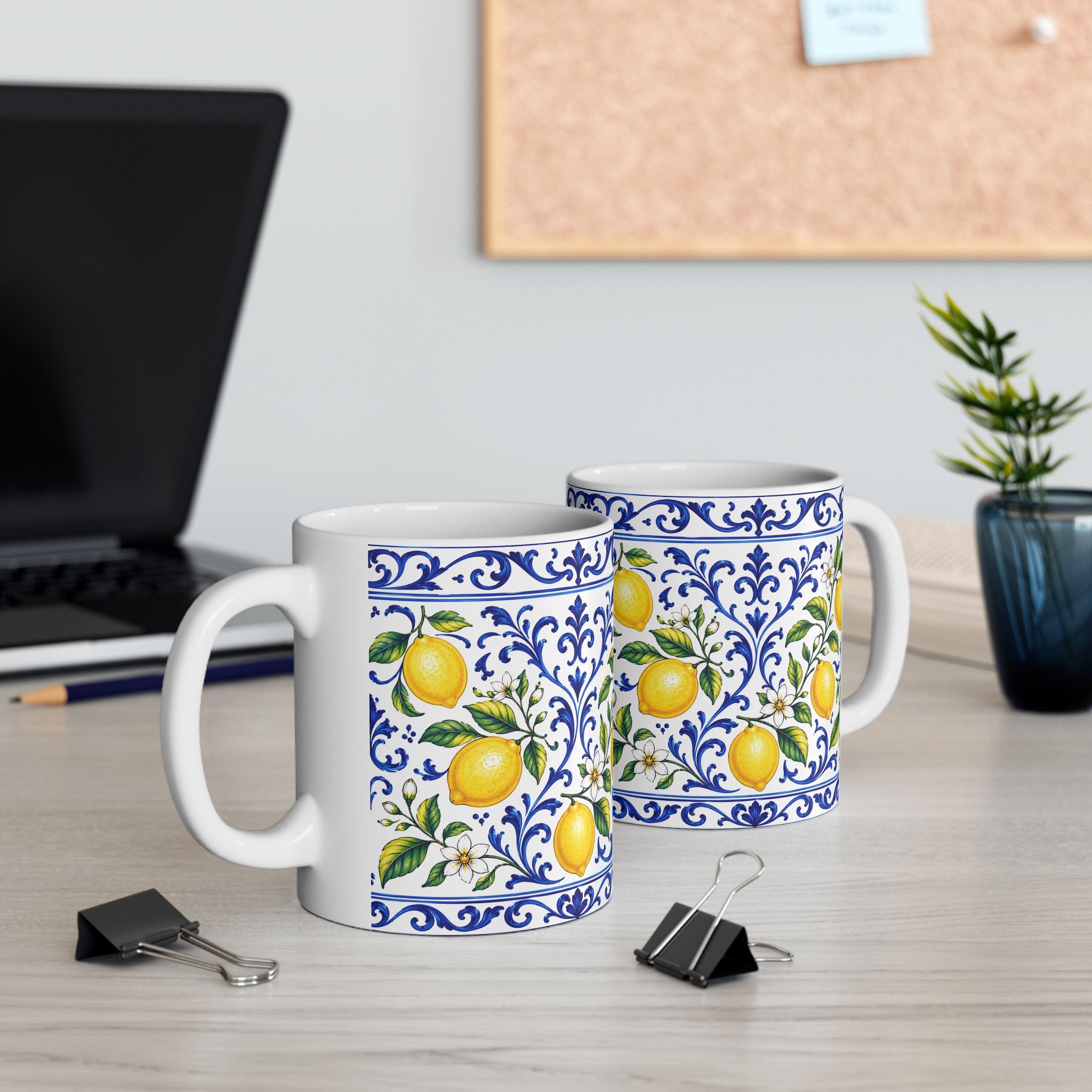 Little Italy Amalfi Blue and White with Lemon Mug — Italian Mediterranean Pattern Coffee Cup (11oz)