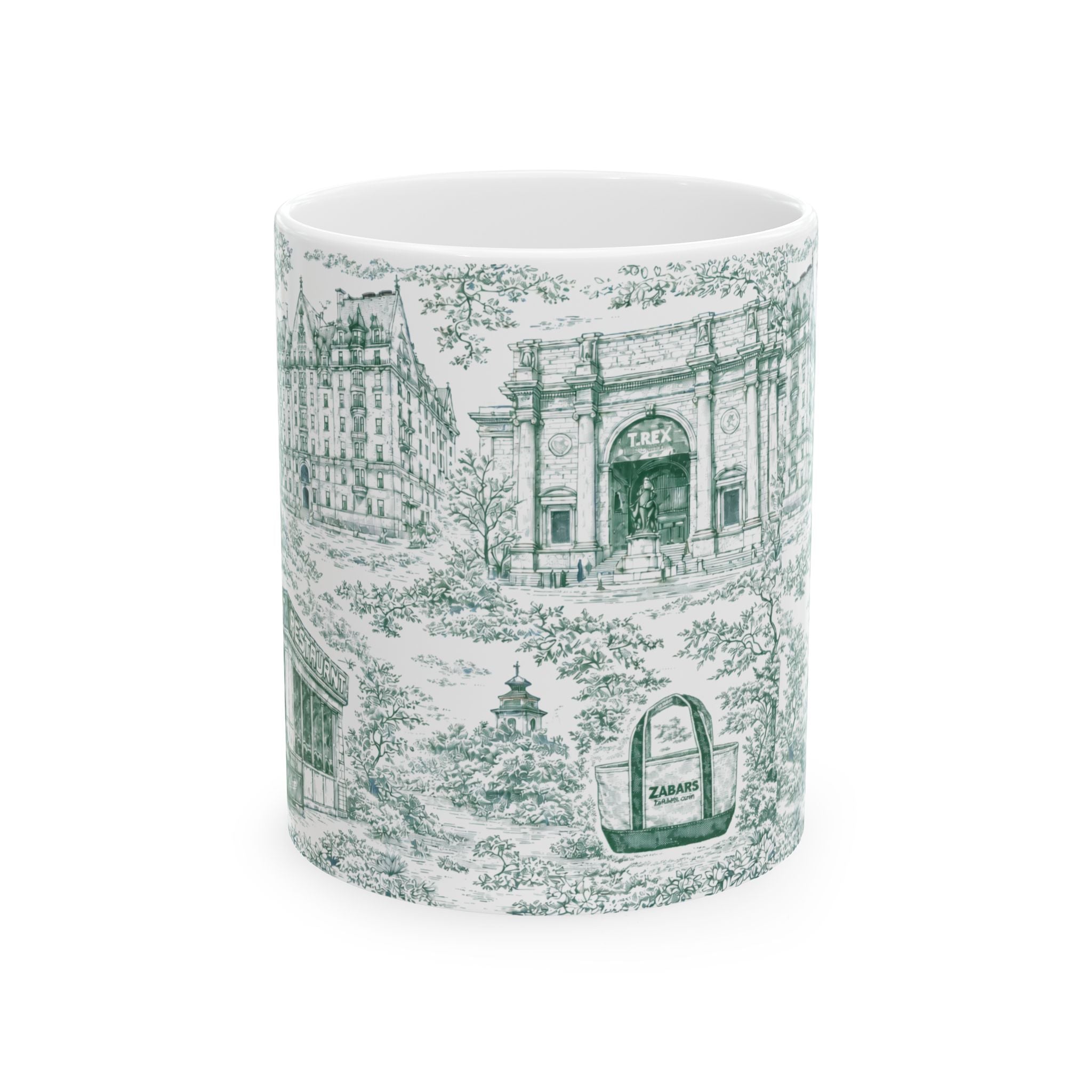 Upper West Side Green and White Toile Mug | New York Chinoiserie Ceramic Coffee Cup