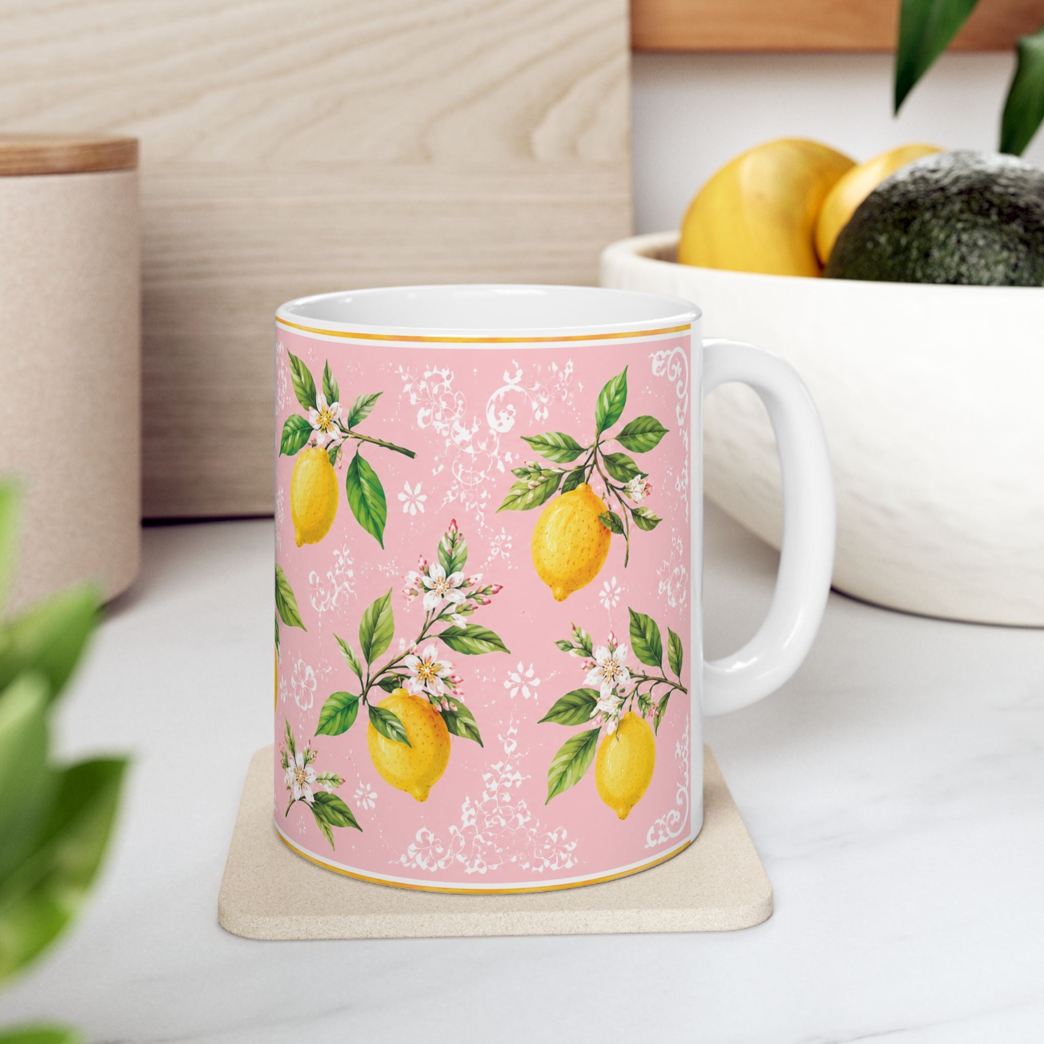 Little Italy Amalfi Pink with Lemon Mug 2 — Italian Mediterranean Pattern Coffee Cup (11oz)