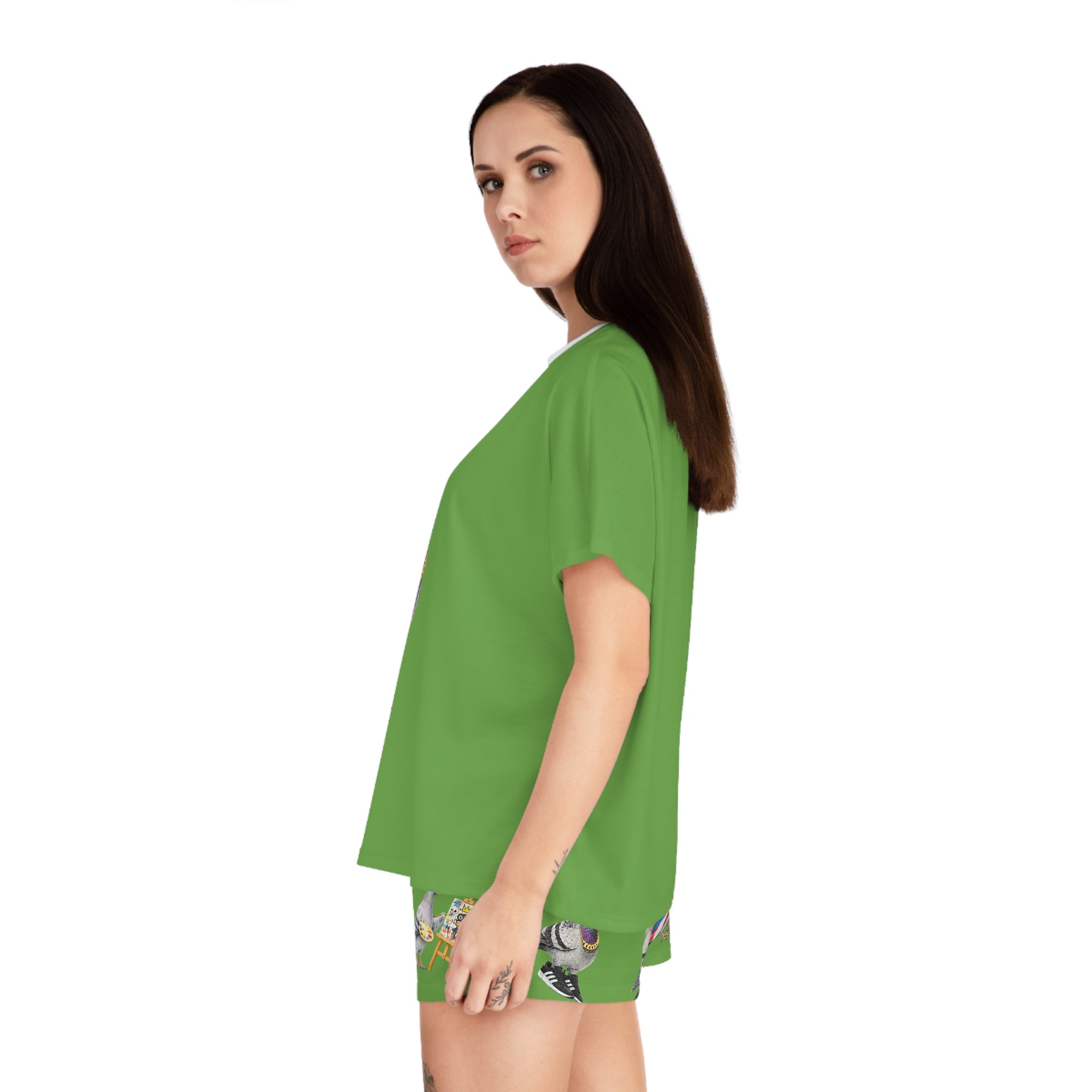 Green NYC Pigeon Pattern Short Pajama Set | New York City Bird Lovers PJs Cozy Sleepwear