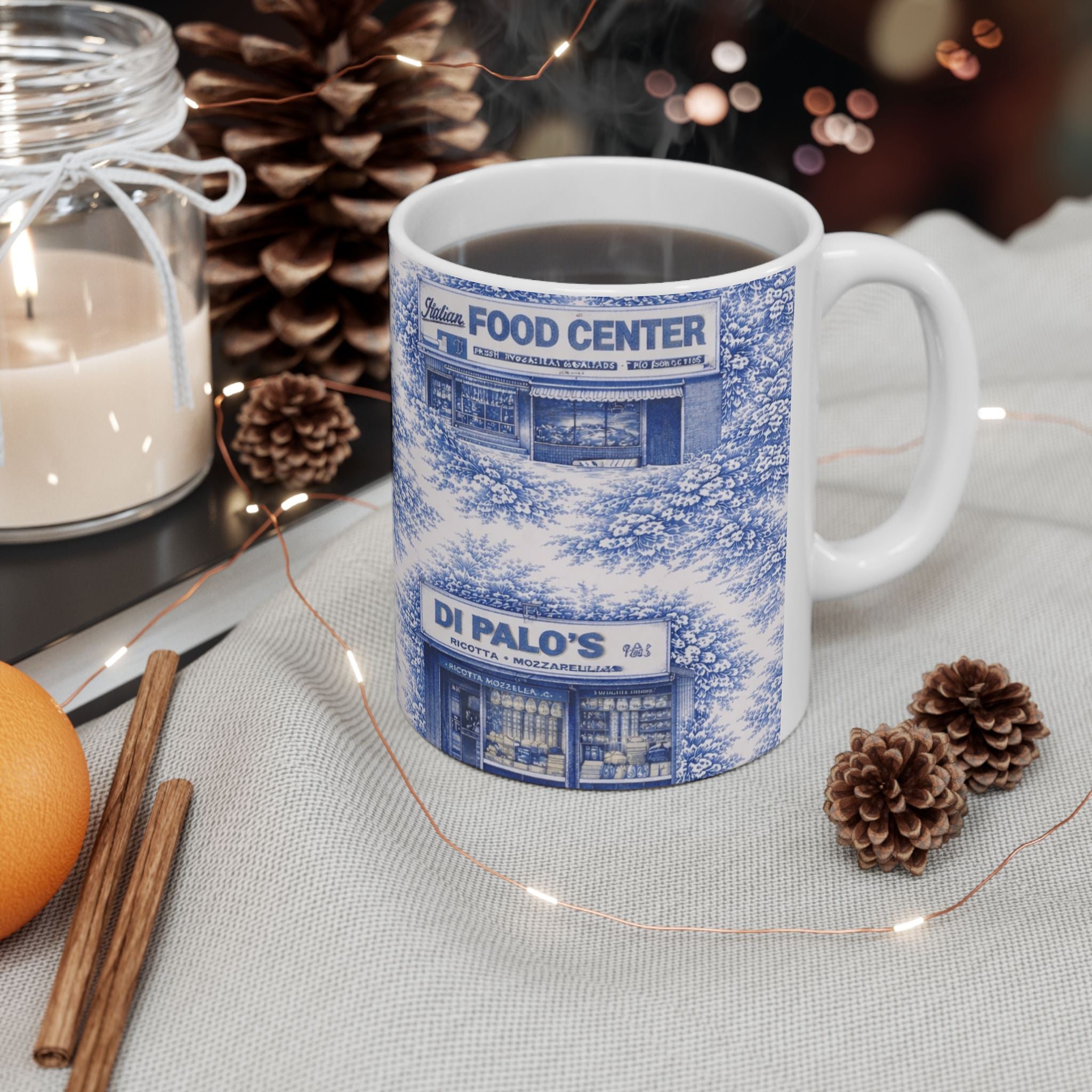 Little Italy Blue Toile de Jouey Cityscape Mug | NYC Chinoiserie Ceramic Coffee Cup