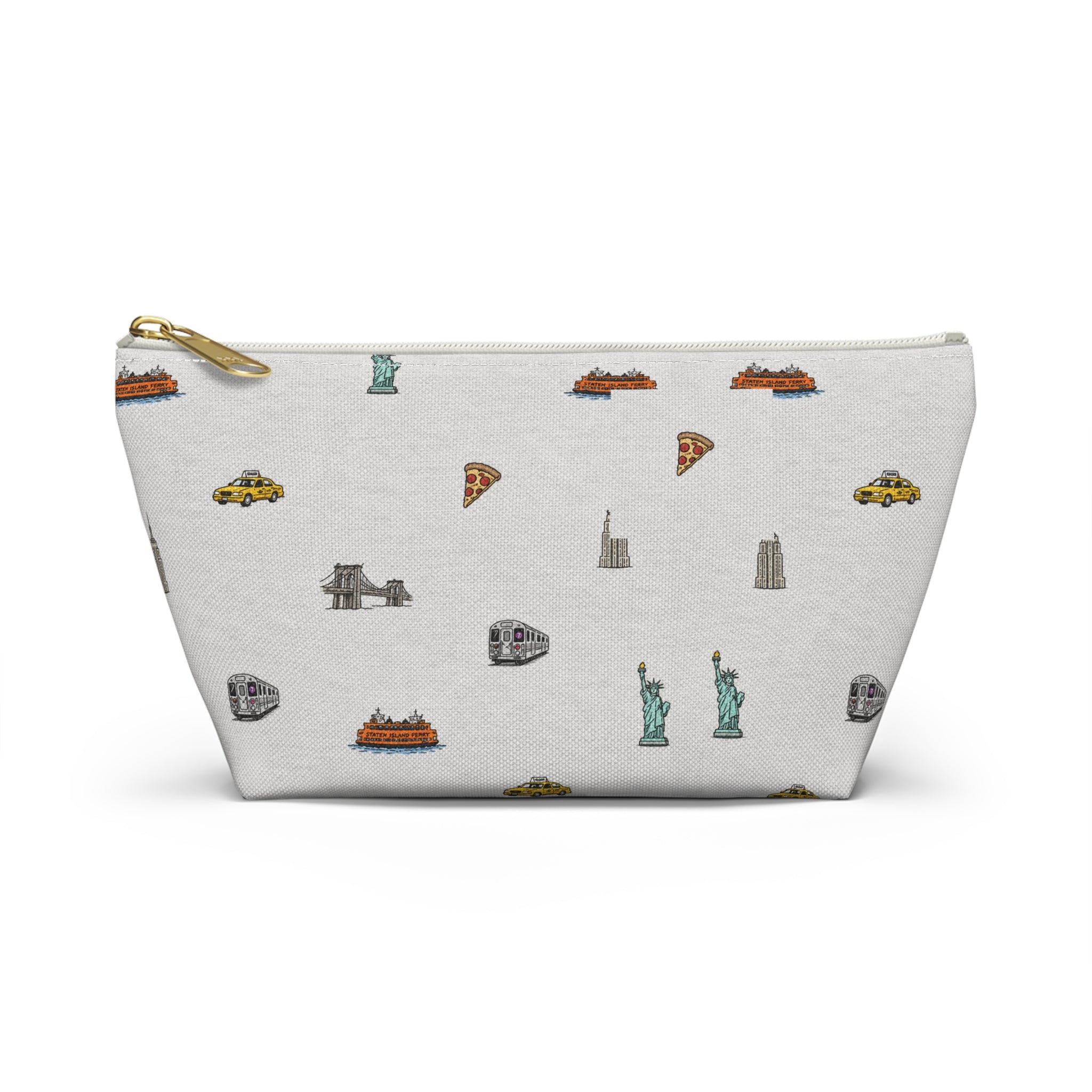 Icons of New York City Heather Gray Accessory Pouch — T-Bottom Makeup Bag with Statue of Liberty, Taxi & Pizza Pattern
