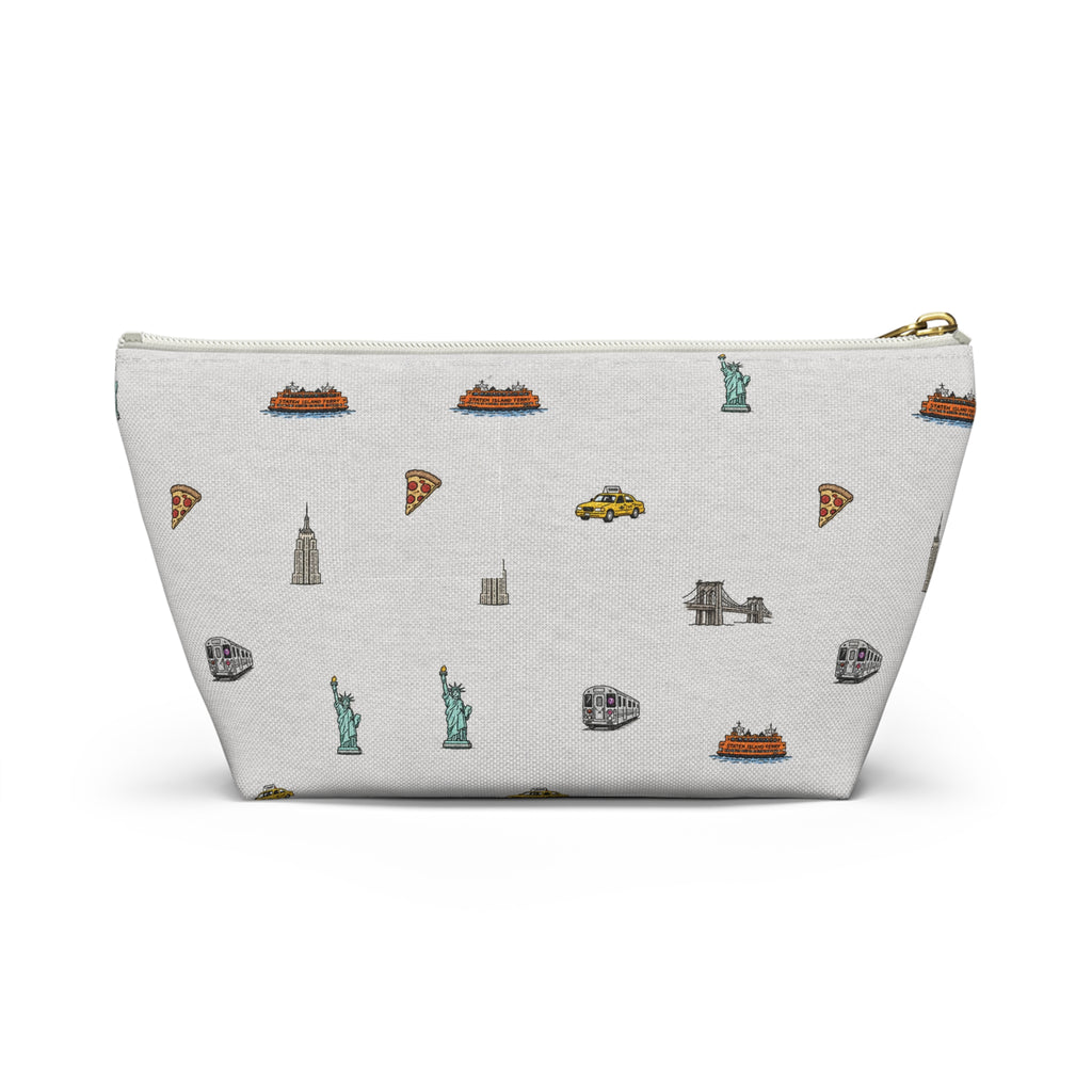 Icons of New York City Heather Gray Accessory Pouch — T-Bottom Makeup Bag with Statue of Liberty, Taxi & Pizza Pattern