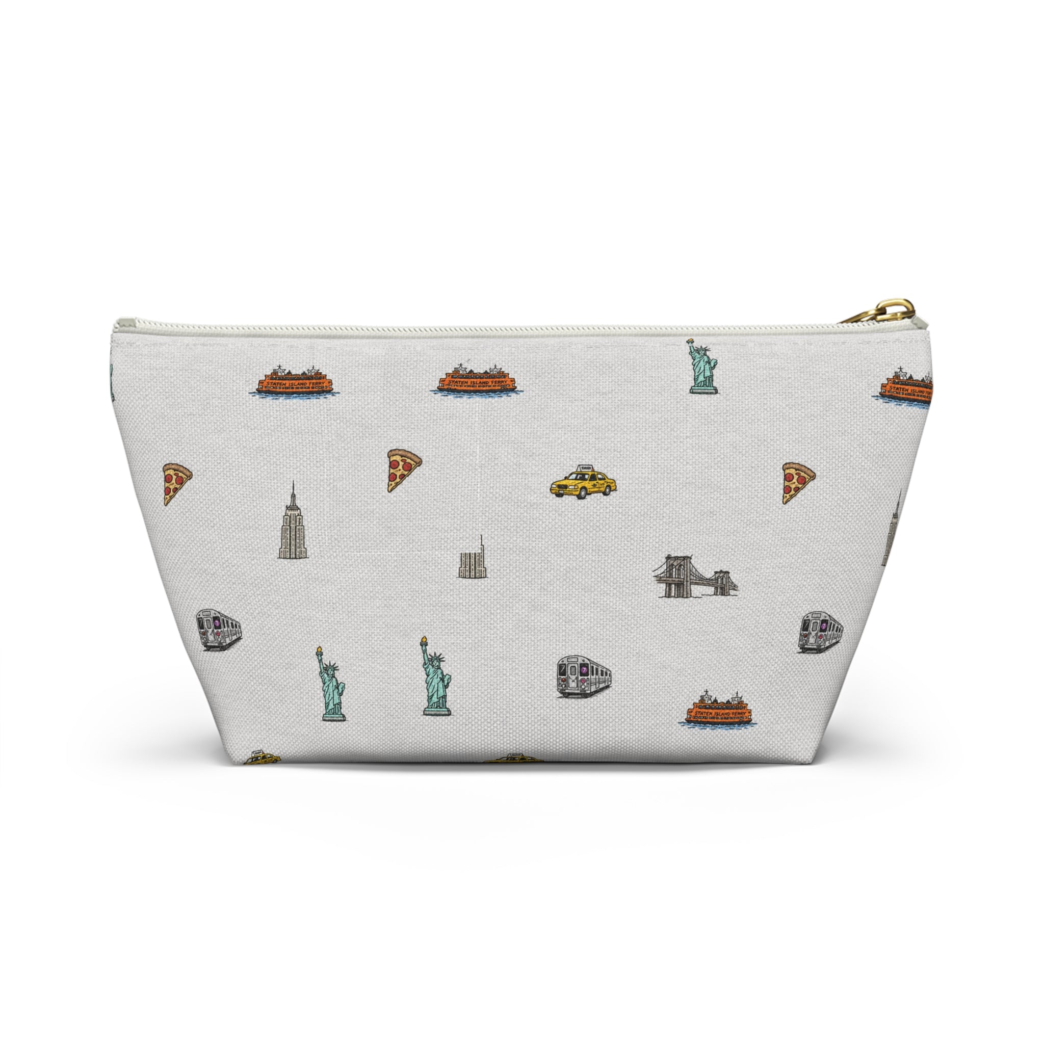 Icons of New York City Heather Gray Accessory Pouch — T-Bottom Makeup Bag with Statue of Liberty, Taxi & Pizza Pattern