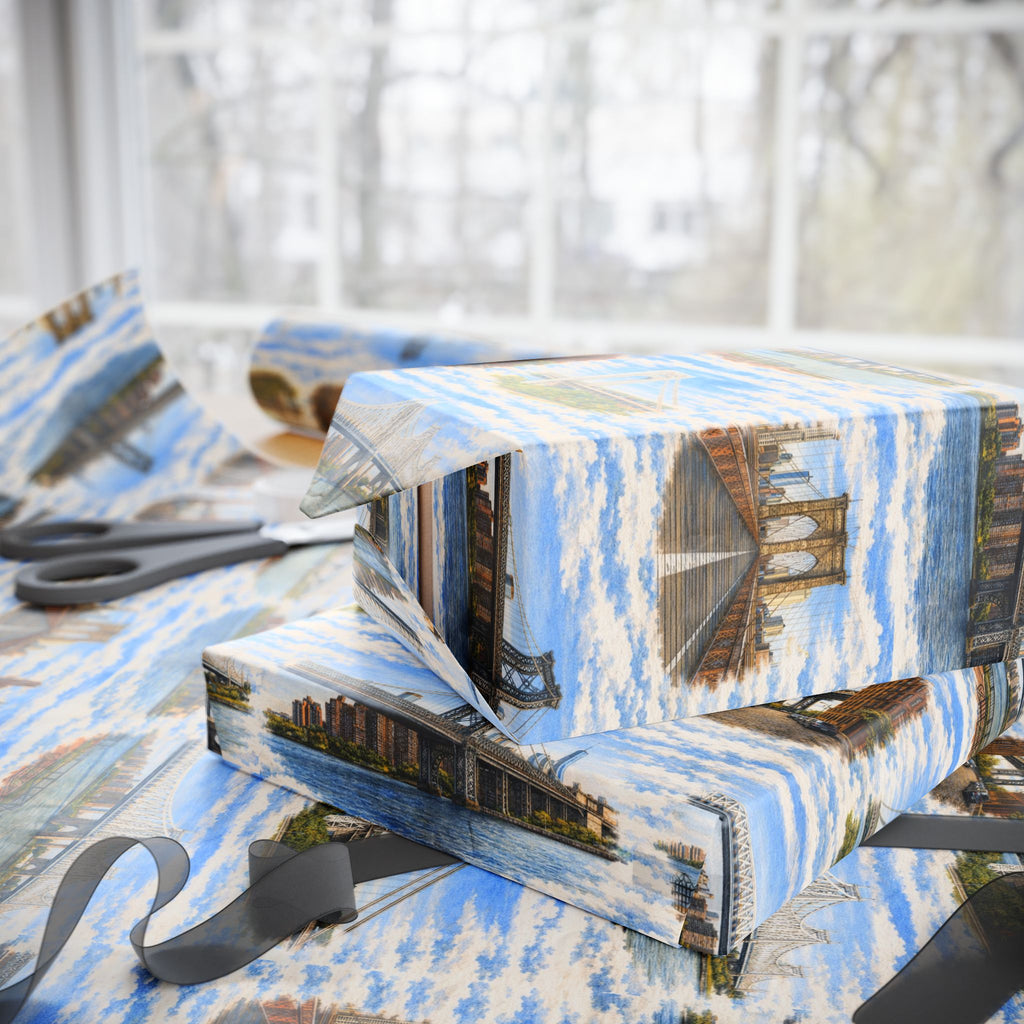 The Bridges of New York County Sky Toile NYC Gift Wrapping Paper | New York City Brooklyn Bridge DUMBO Manhattan Toile Pattern Roll