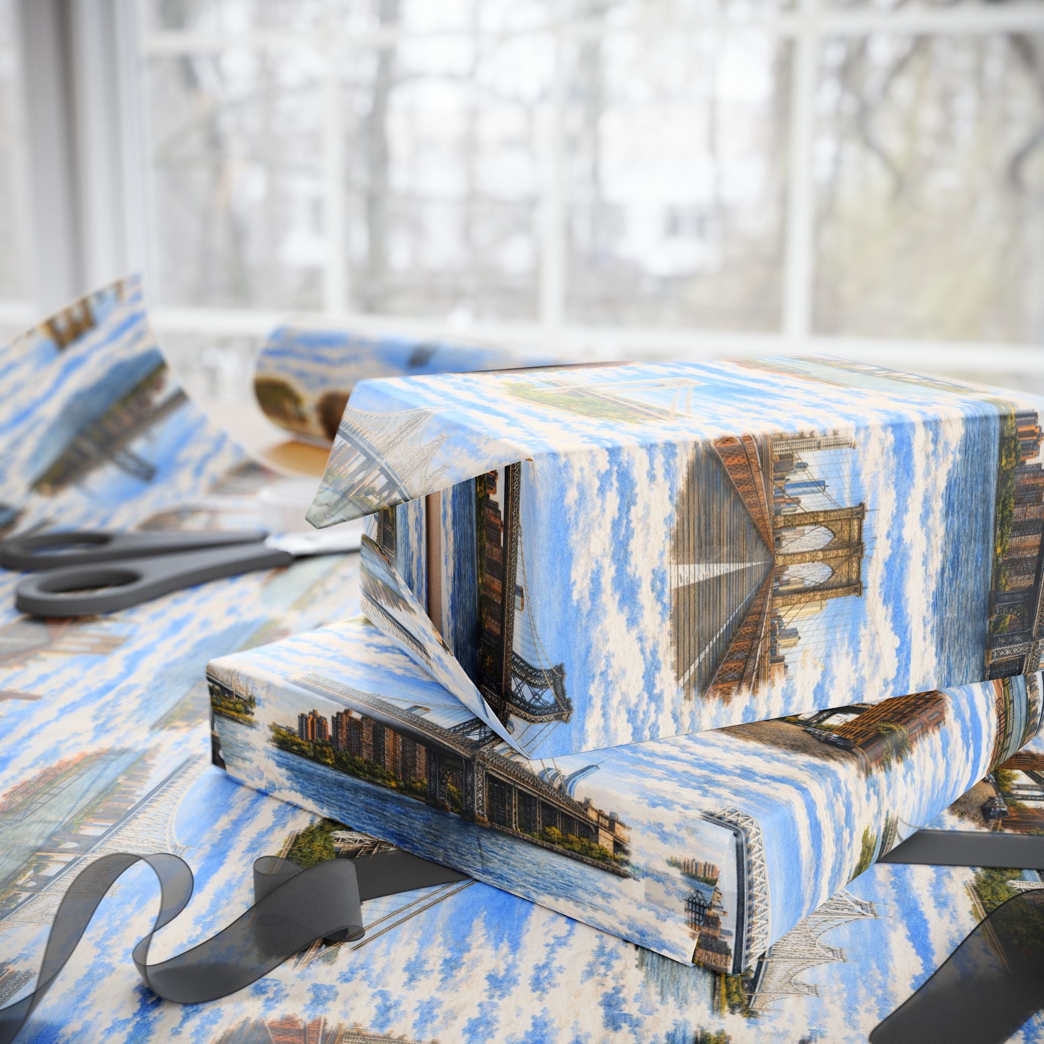 The Bridges of New York County Sky Toile NYC Gift Wrapping Paper | New York City Brooklyn Bridge DUMBO Manhattan Toile Pattern Roll