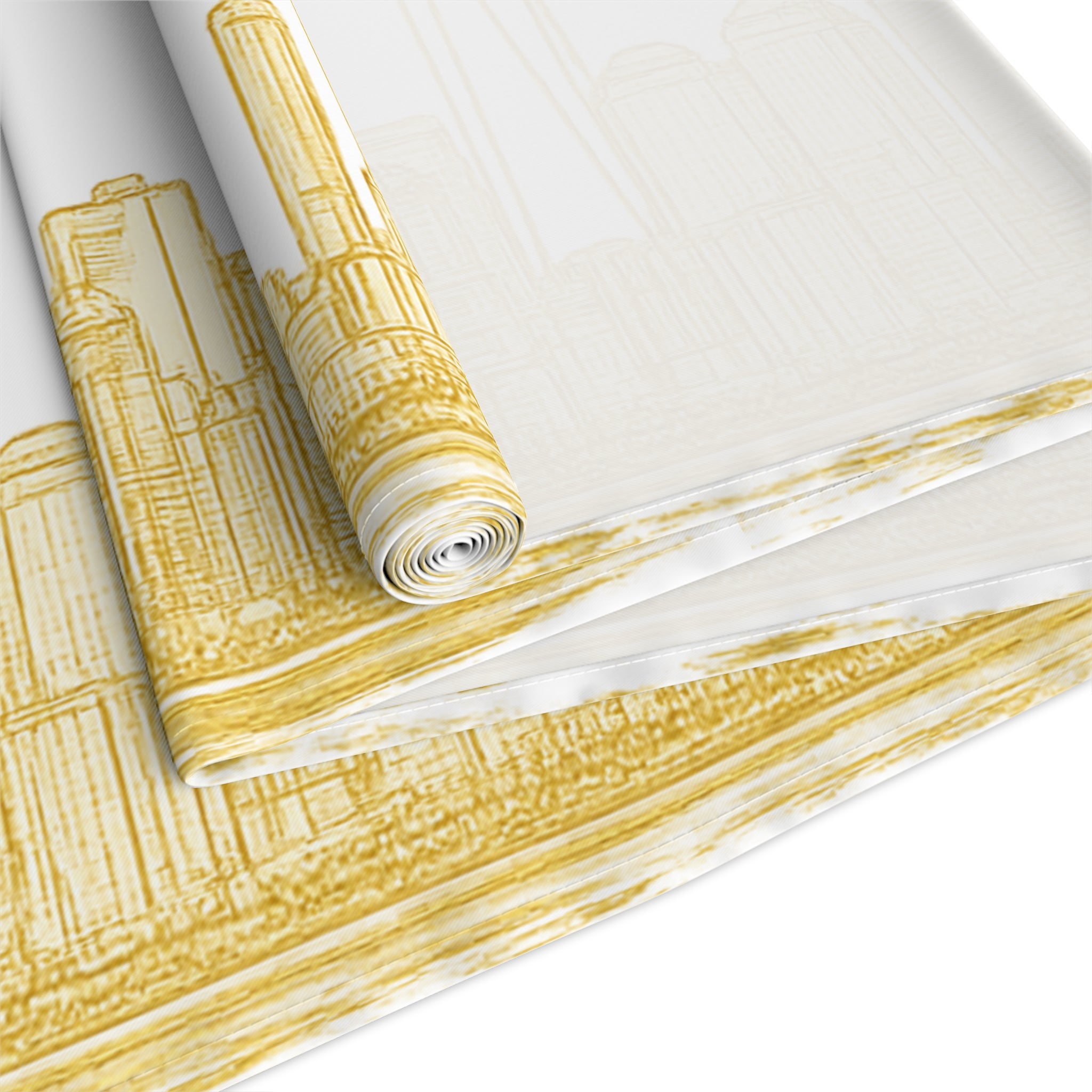 Gold Downtown New York City Skyline Table Runner — NYC Downtown Manhattan Cityscape Table Decor for Modern Dining