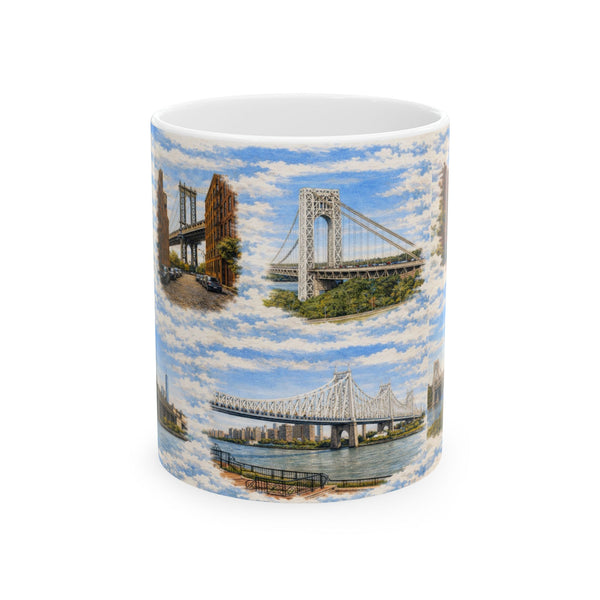 The Bridges of New York County Toile Mug | NYC Bridges Ceramic Coffee Mug
