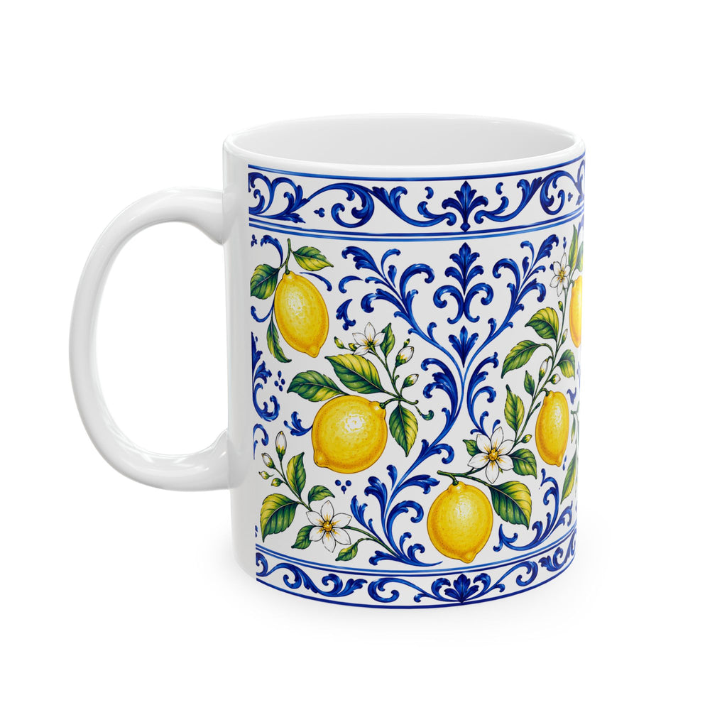 Little Italy Amalfi Blue and White with Lemon Mug — Italian Mediterranean Pattern Coffee Cup (11oz)
