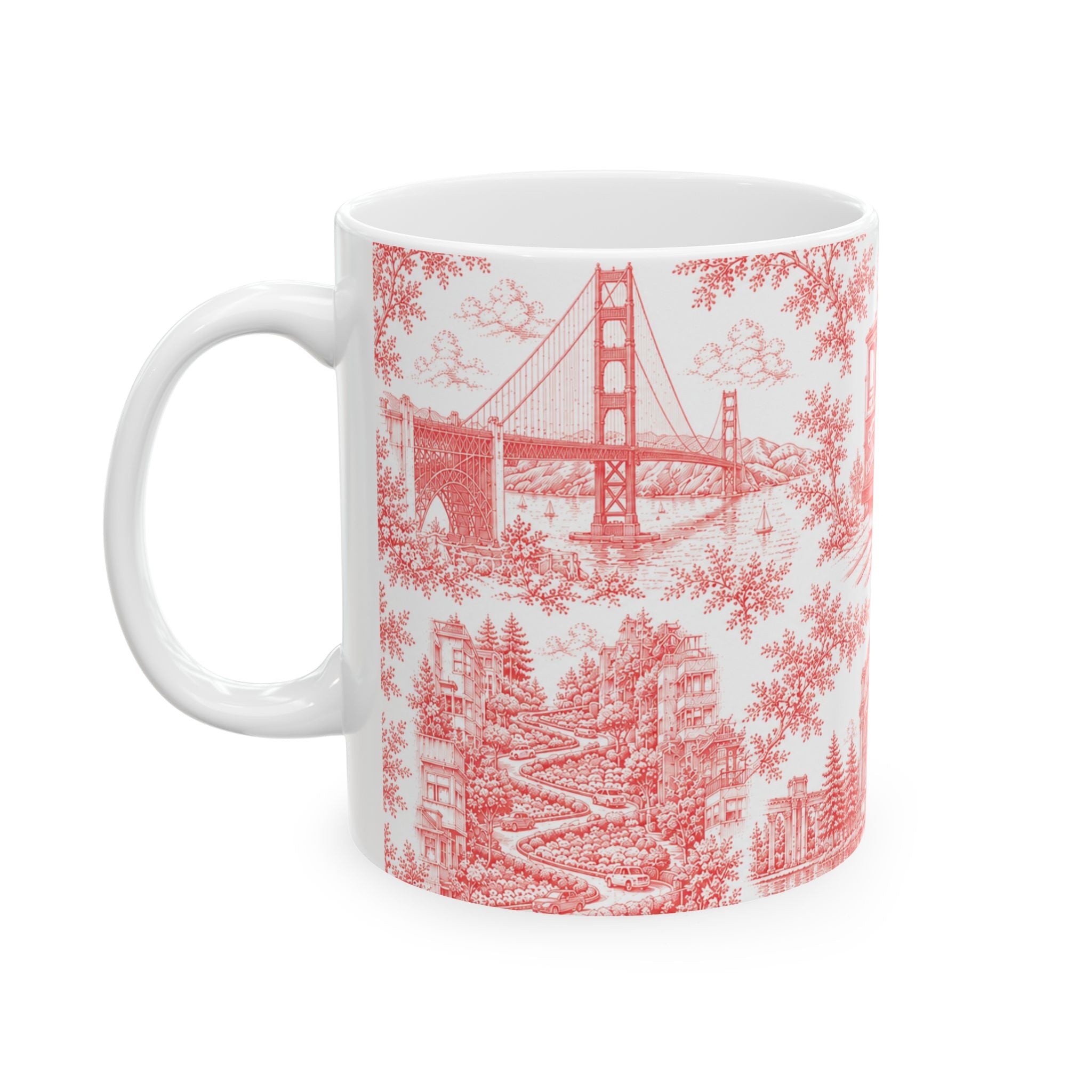 San Francisco RedToile de Jouy Ceramic Mug — Vintage Cable Car & Palace of Fine Arts Design (11oz)