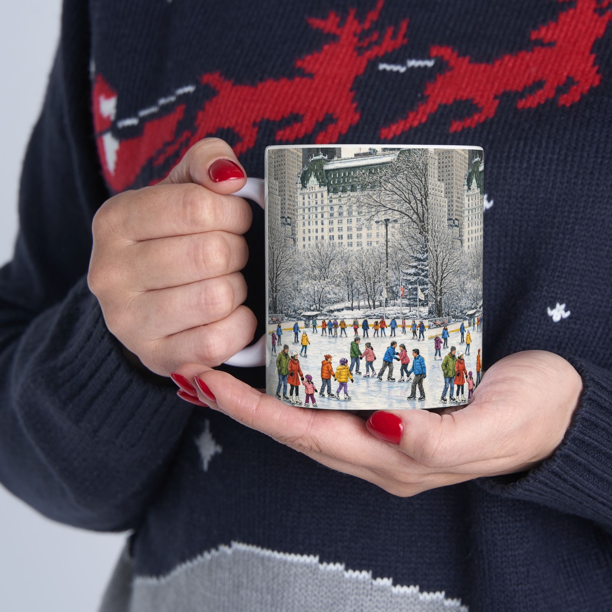 Central Park Wollman Rink Ice Skating Scene Mug | NYC The Plaza Winter Ceramic Coffee Cup