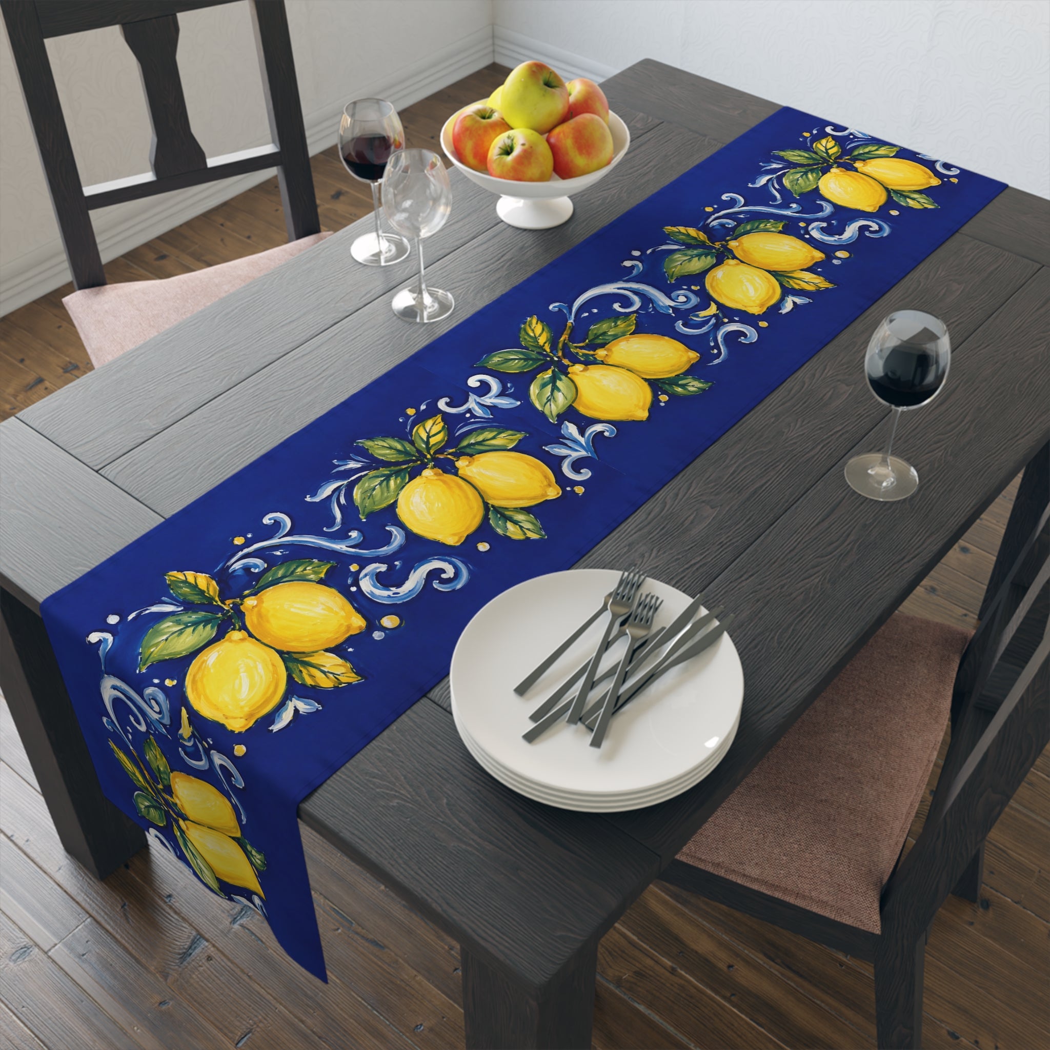 Little Italy Amalfi Blue with Lemon Table Runner – Mediterranean Blue & Yellow Dining Decor